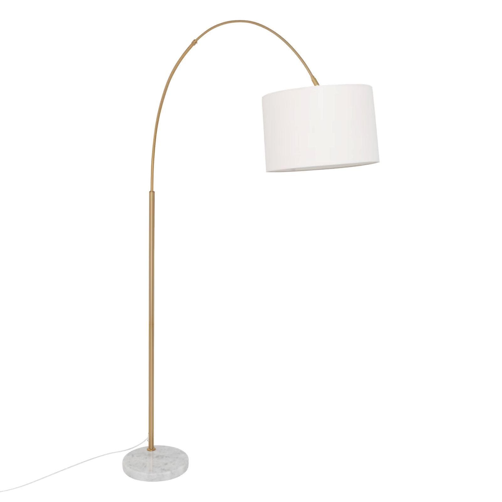 Piantana ad arco 195h cm in acciaio oro con base in marmo e paralume bianco