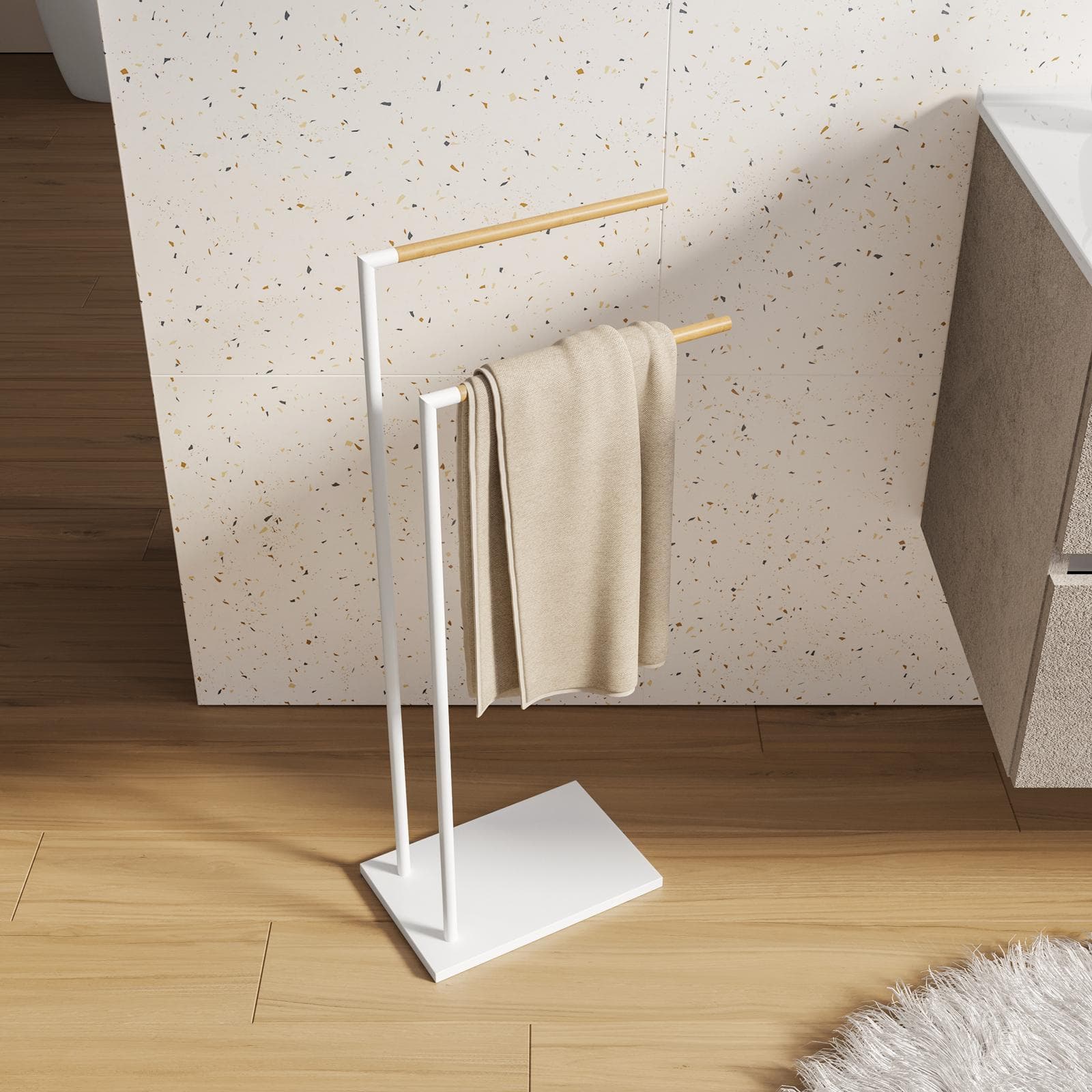 Piantana porta asciugamani 2 bracci bianco e bambù - Linky