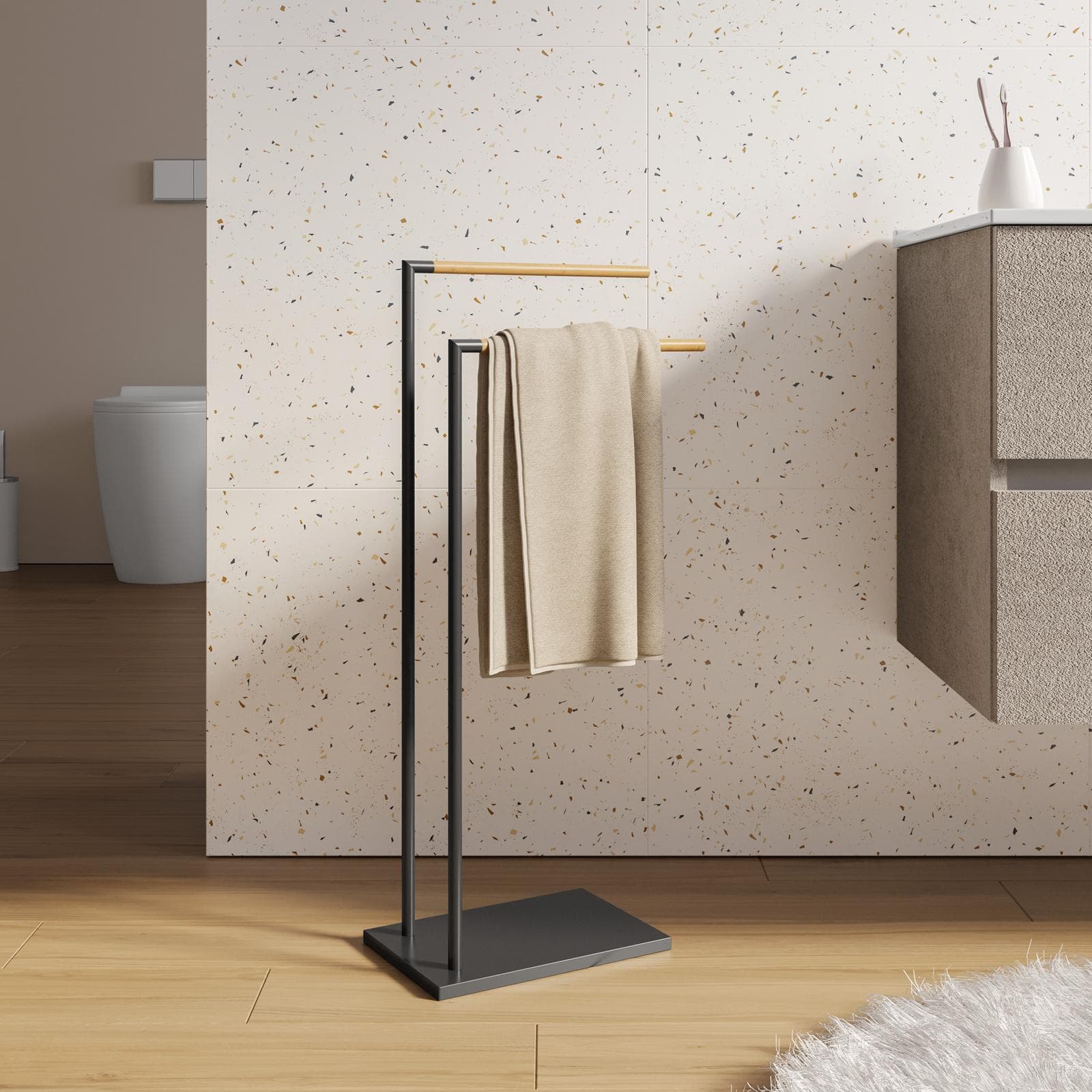 Piantana porta asciugamani 2 bracci nero e bambù - Linky