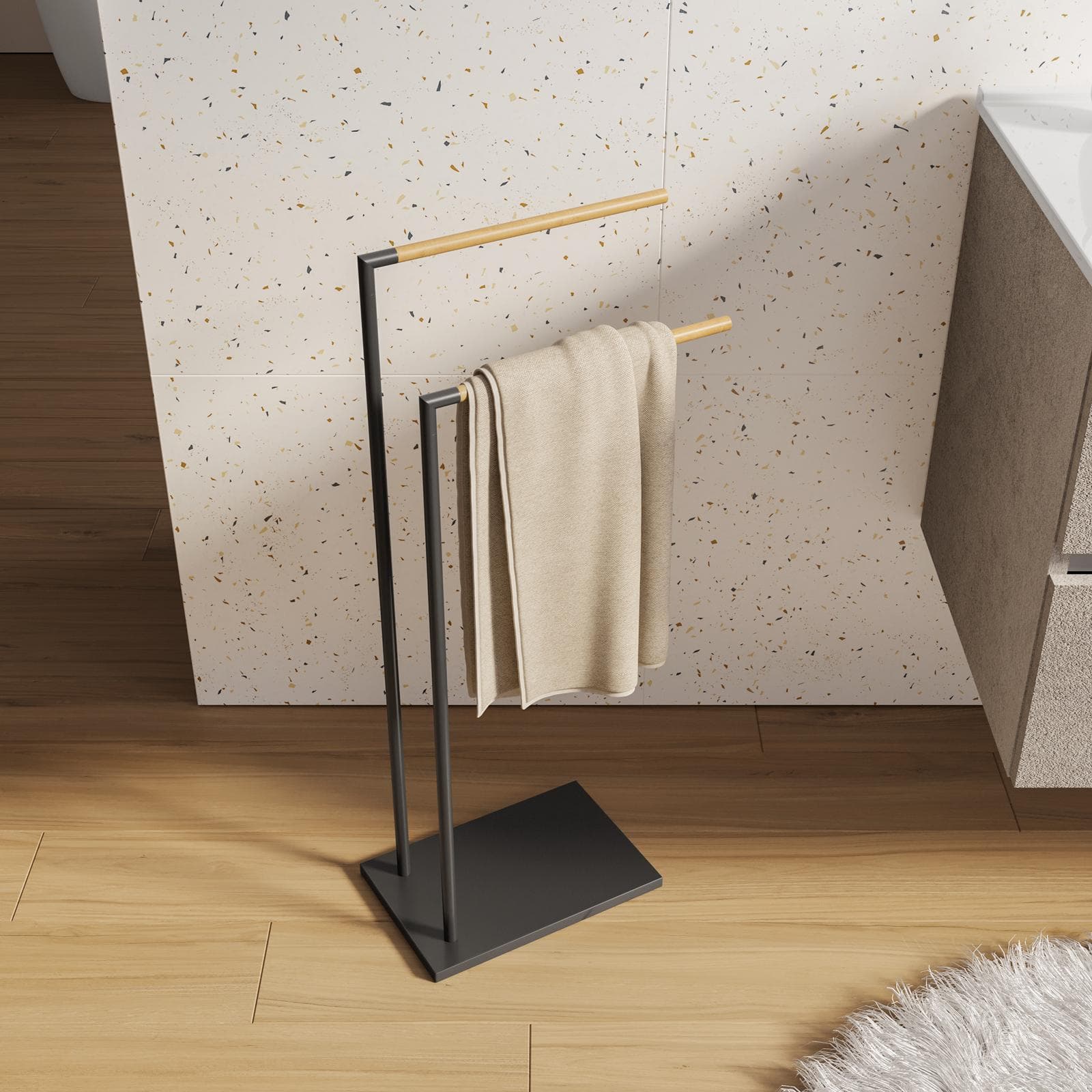 Piantana porta asciugamani 2 bracci nero e bambù - Linky
