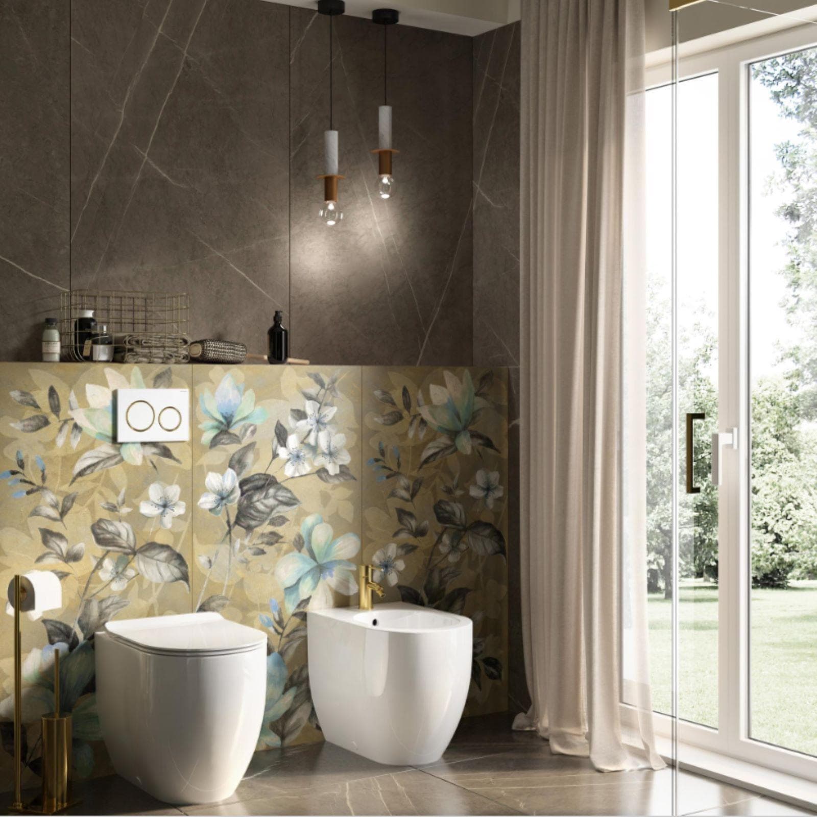 Piantana portarotolo e portascopino in acciaio inox oro spazzolato - Trilly di Gedy