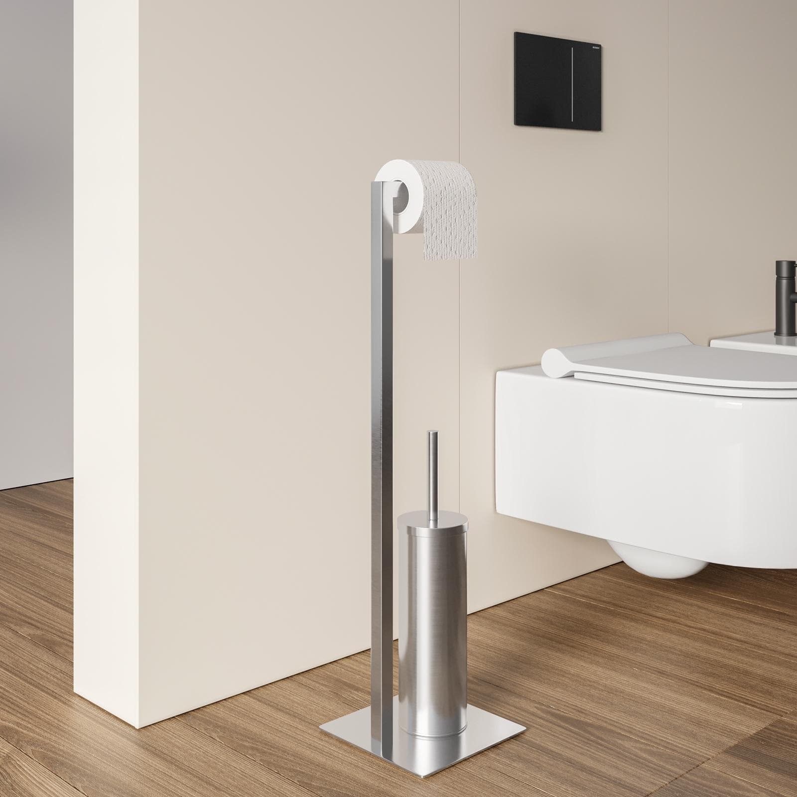 Piantana portarotolo e portascopino in acciaio inox spazzolato - Clover