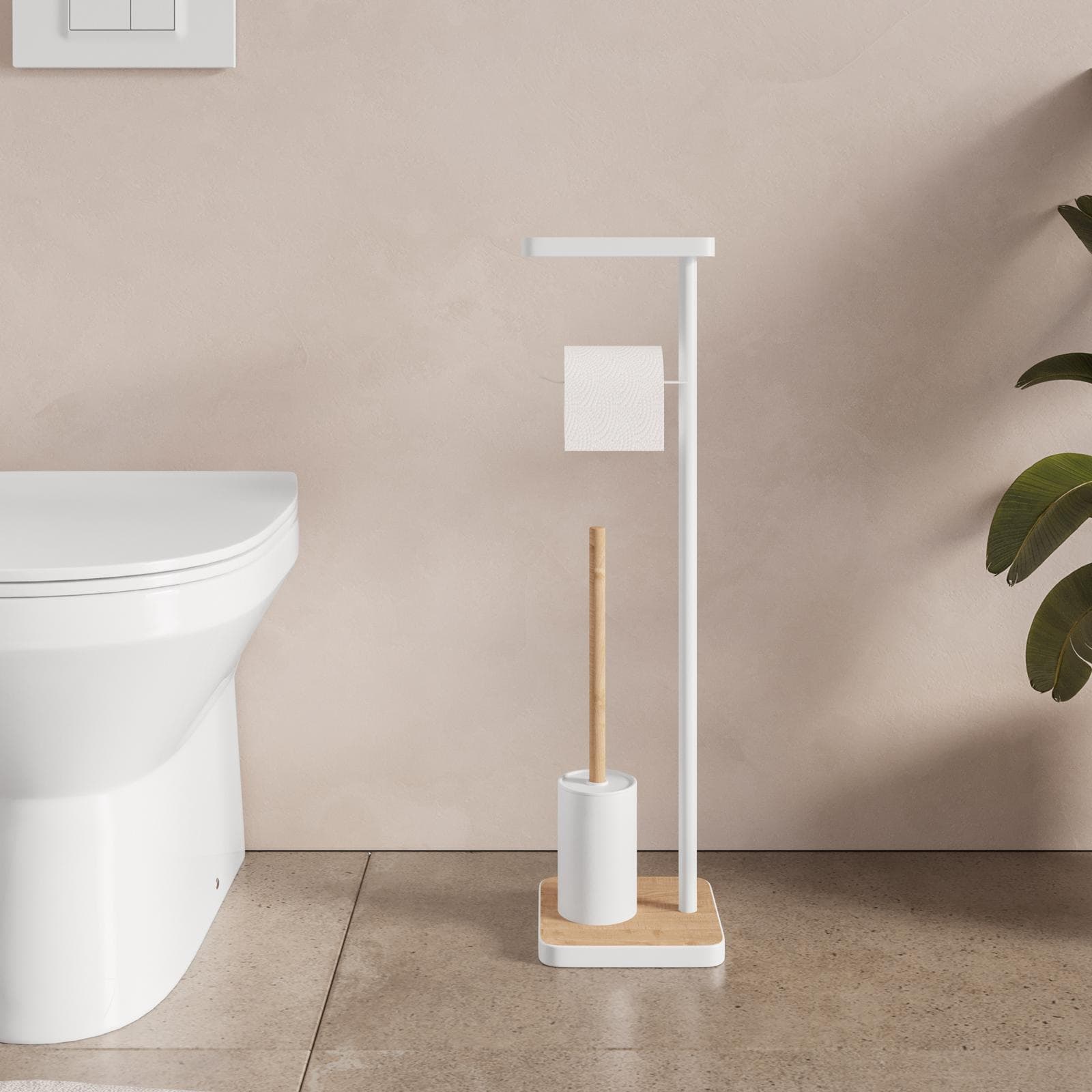 Piantana portascopino con mensola porta cellulare bianco opaco e bambù - Hakimi