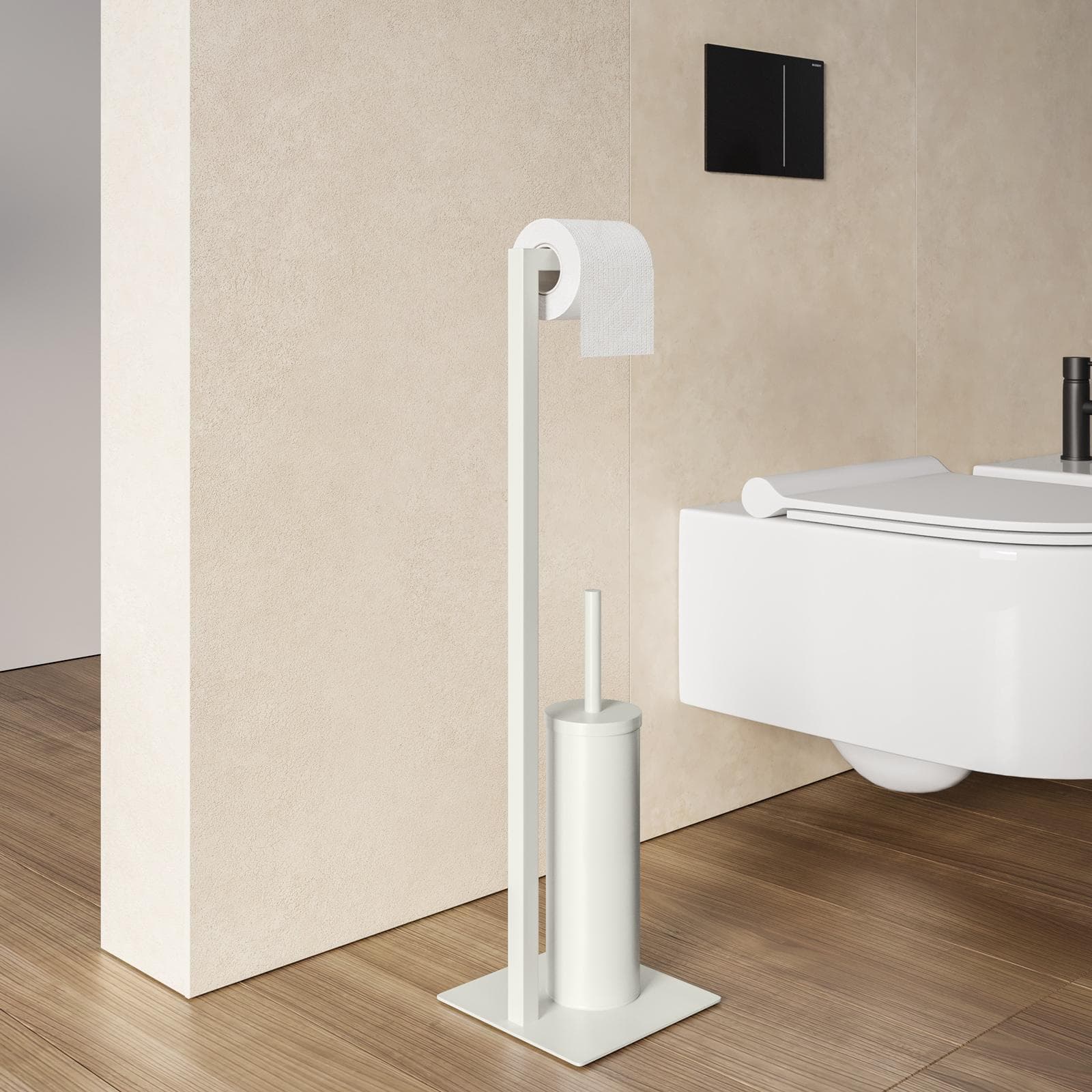 Piantana portarotolo e portascopino in acciaio inox bianco opaco - Clover