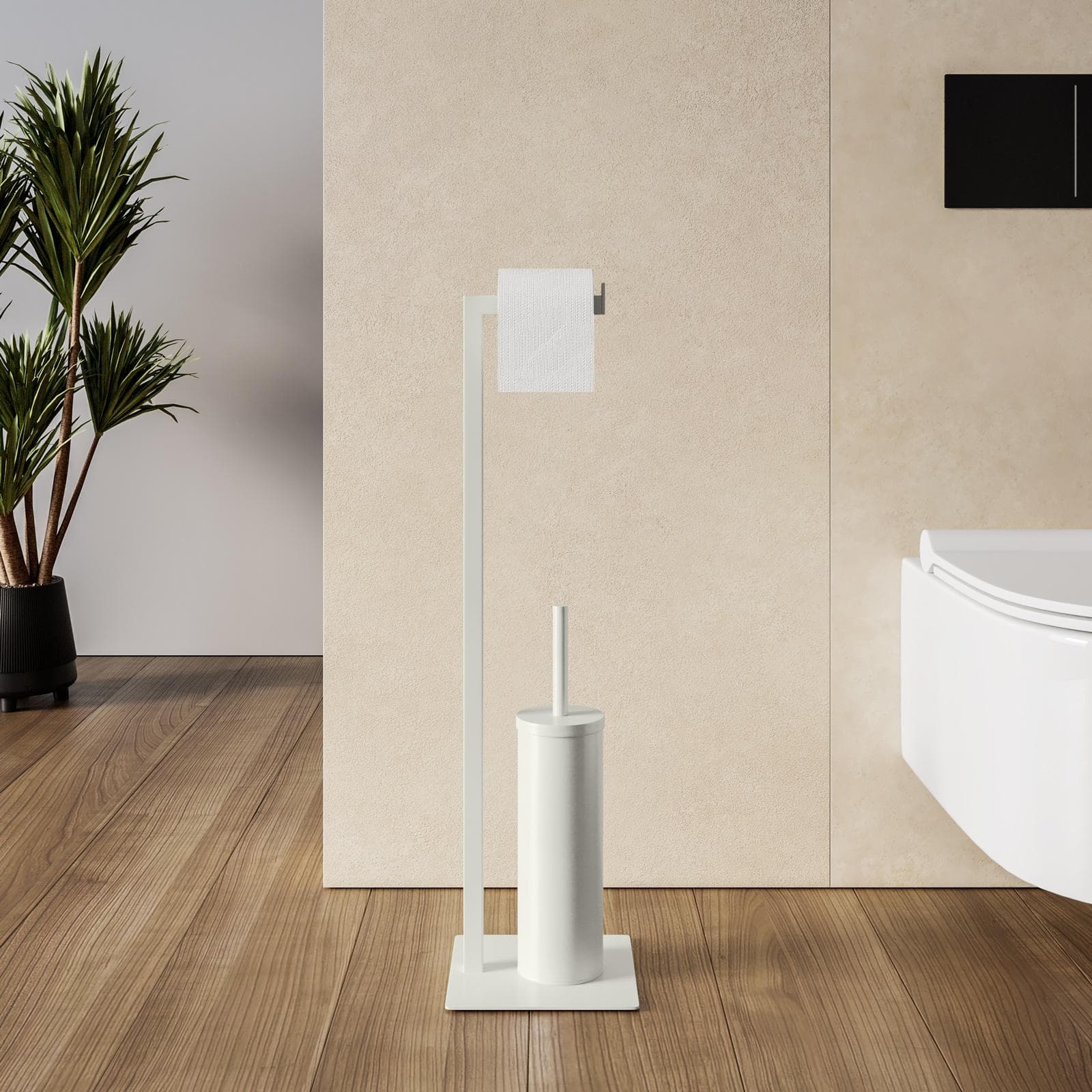 Piantana portarotolo e portascopino in acciaio inox bianco opaco - Clover