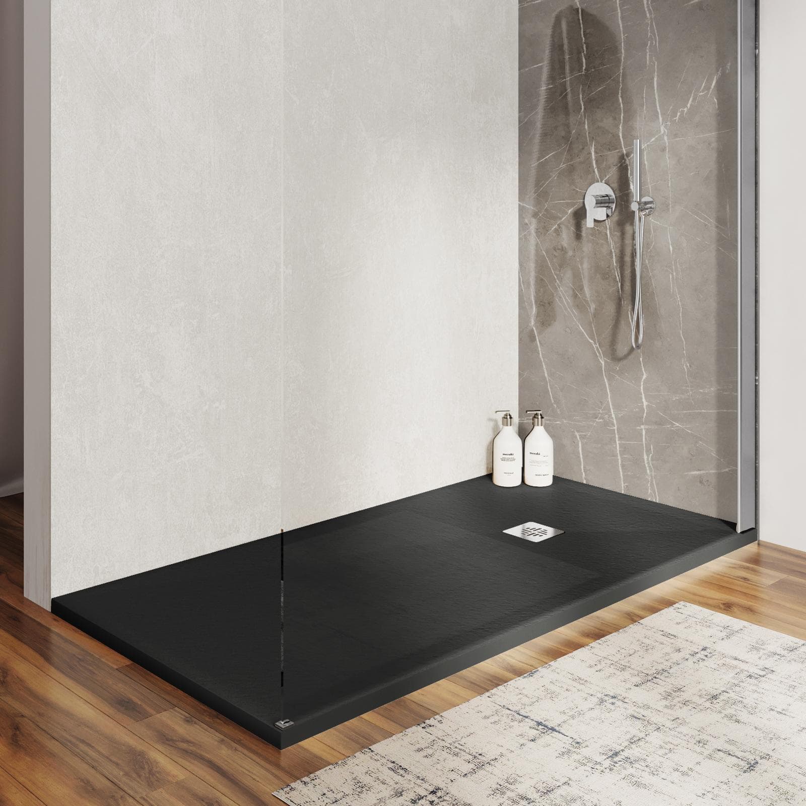 Piatto doccia 100 X 180 cm effetto pietra riducibile nero - Nalos