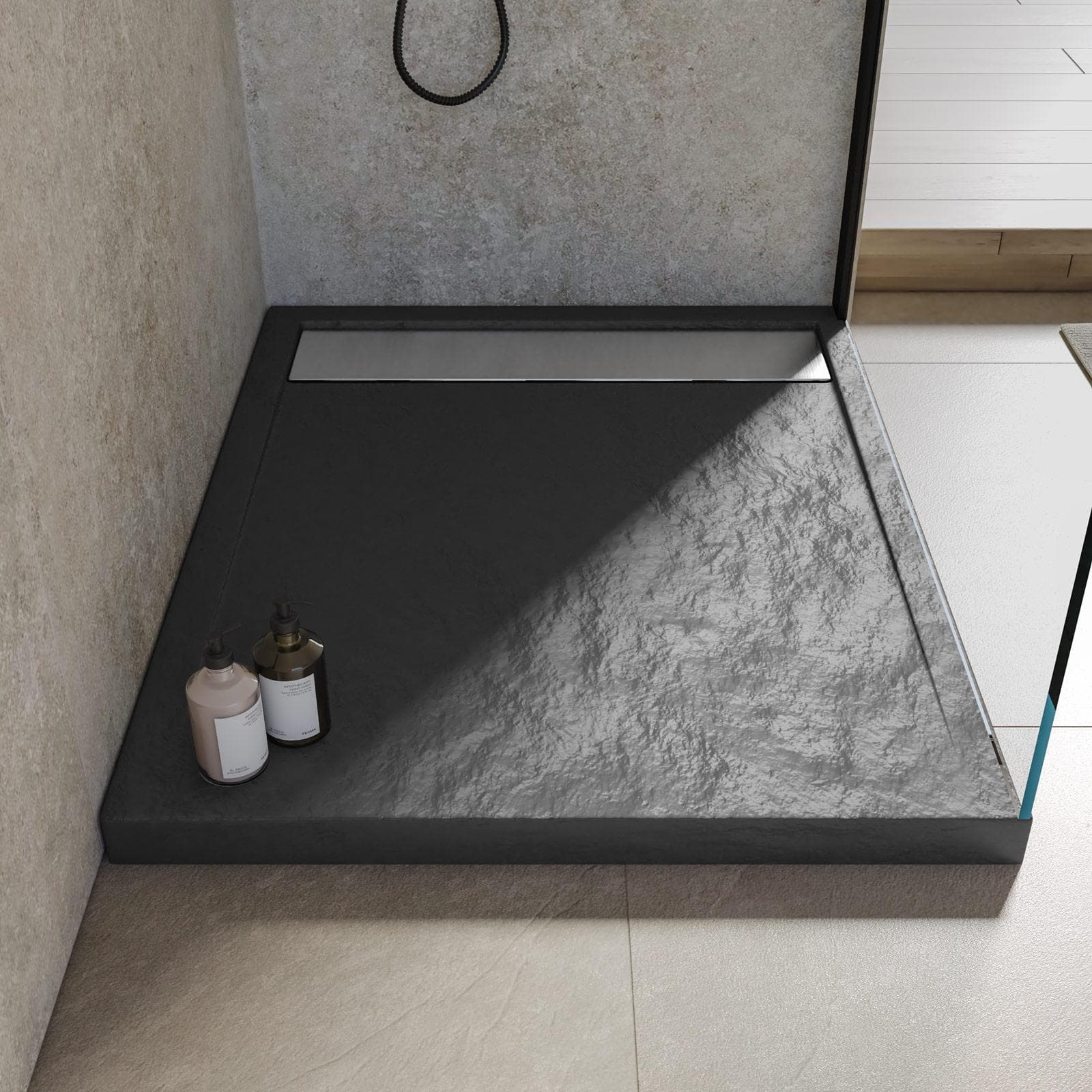 Piatto doccia 100x70 cm in acrilico effetto pietra antracite con canalina in acciaio - Denb