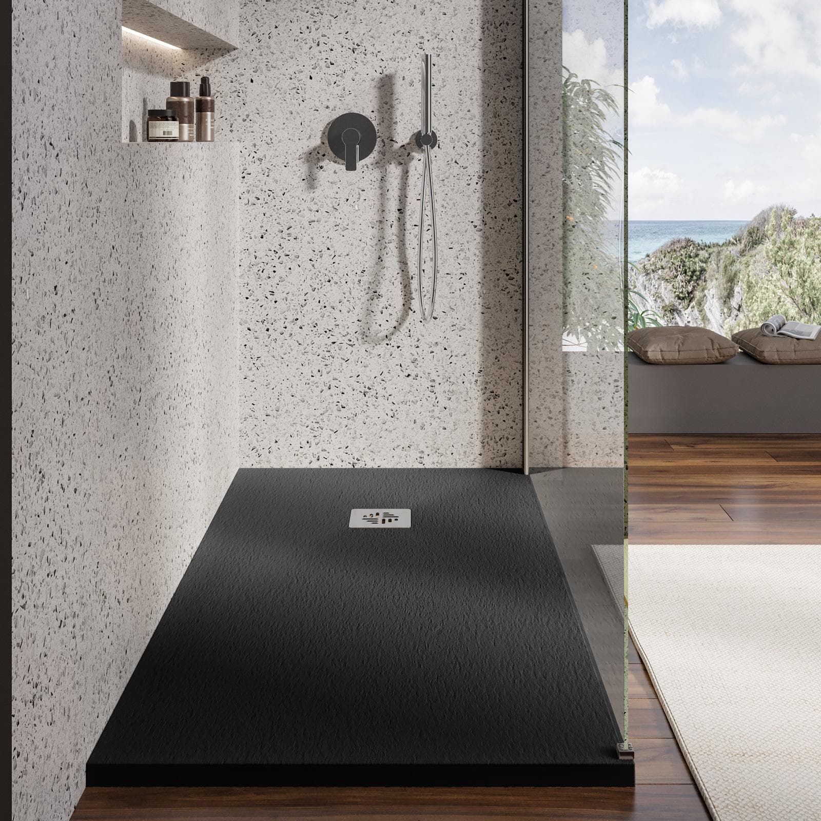 Piatto doccia 70 X 130 cm effetto pietra riducibile nero - Nalos