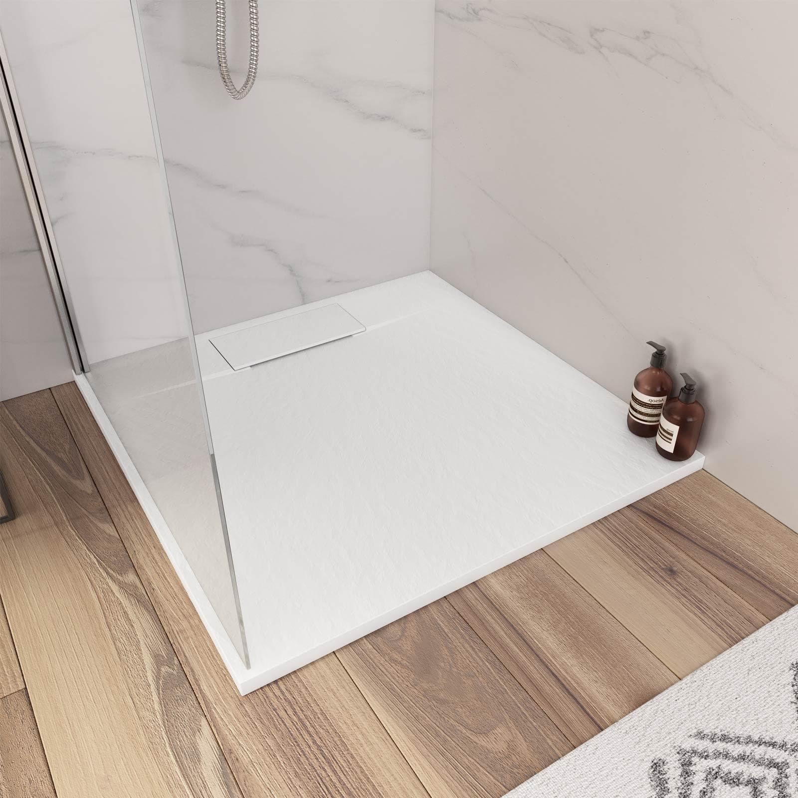 Piatto doccia 80x80 cm riducibile in resina effetto pietra ardesia bianco - Kalf