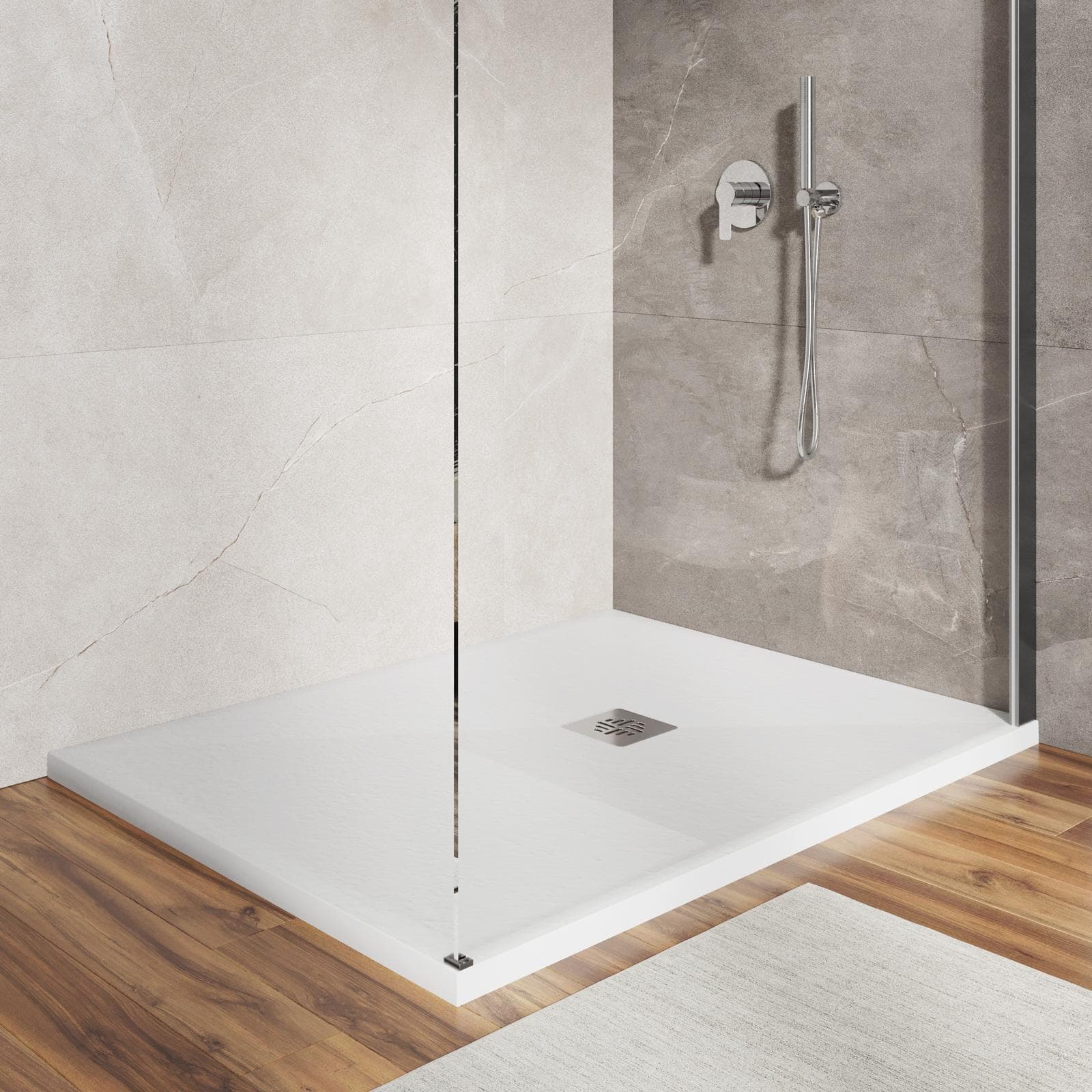 Piatto doccia 90 x 100 cm effetto pietra riducibile bianco - Nalos
