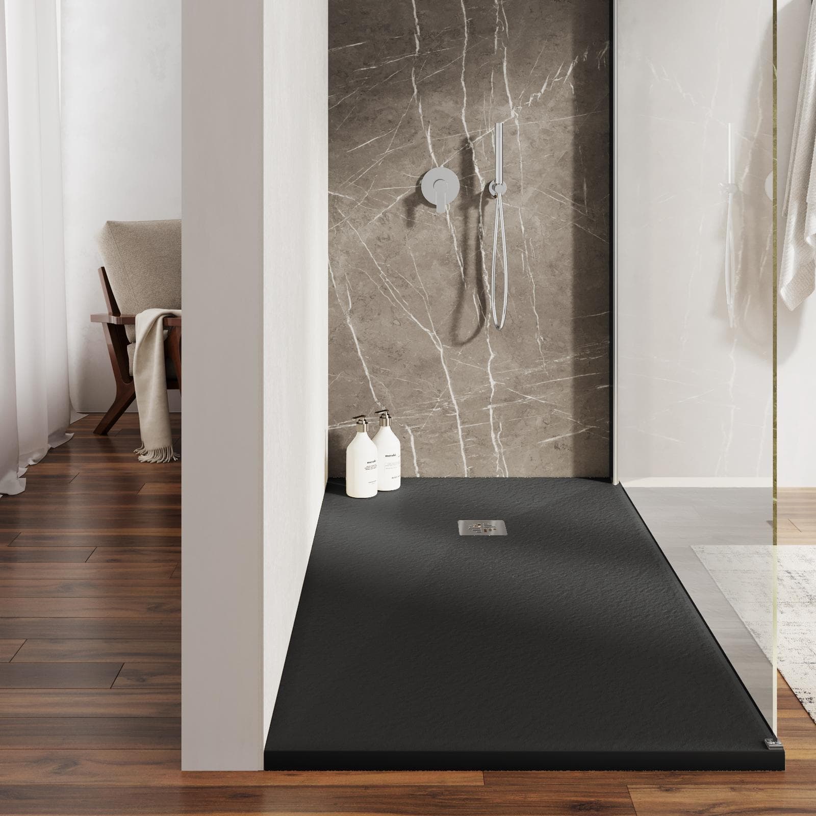 Piatto doccia 90 X 170 cm effetto pietra riducibile nero - Nalos