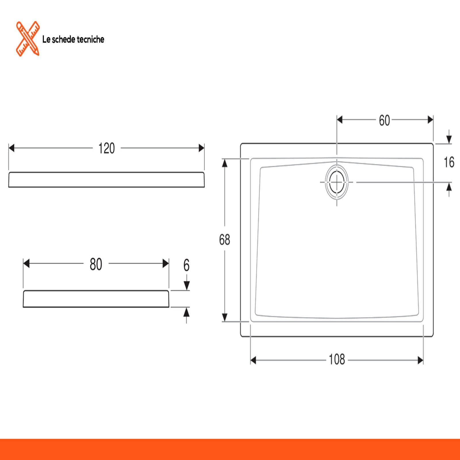 Piatto doccia 120x80 cm Geberit 60 bianco altezza 6 cm antiscivolo