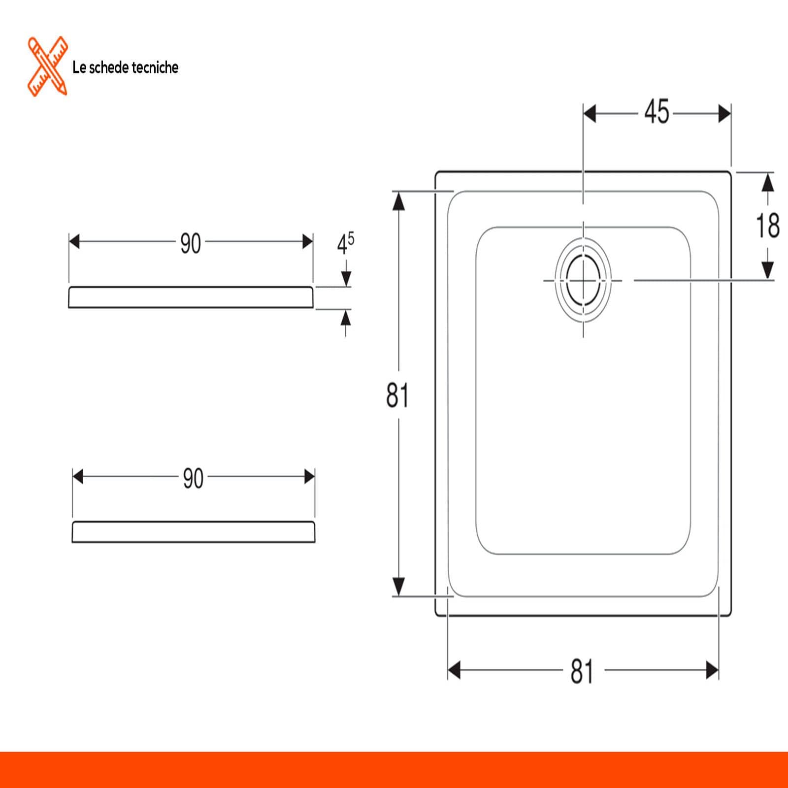 Piatto doccia 90x90 cm slim ceramica bianca Serie 45 - Geberit
