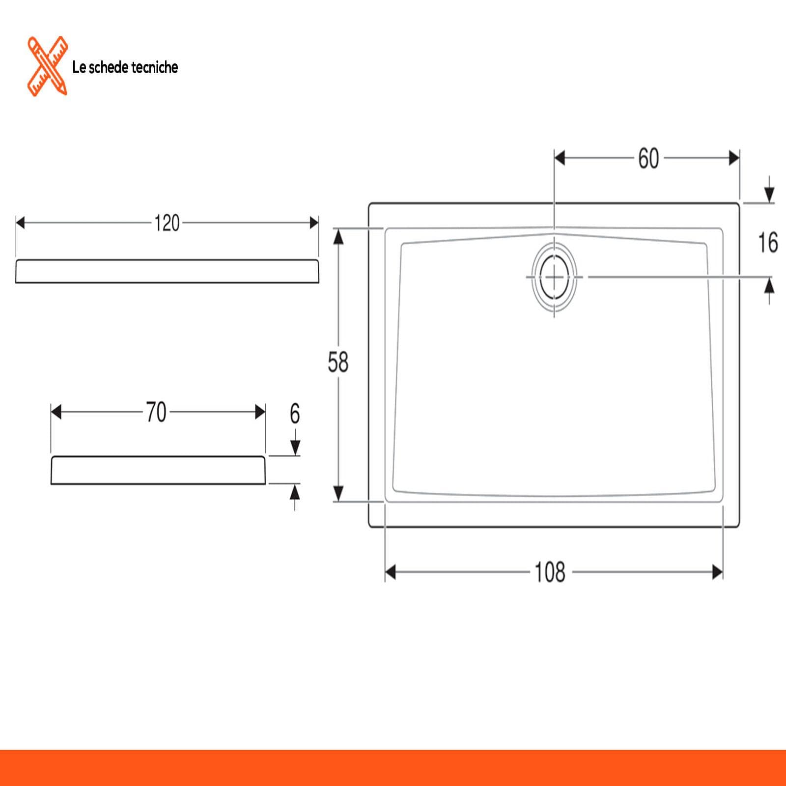 Piatto doccia 120x70 cm Geberit 60 bianco altezza 6 cm antiscivolo