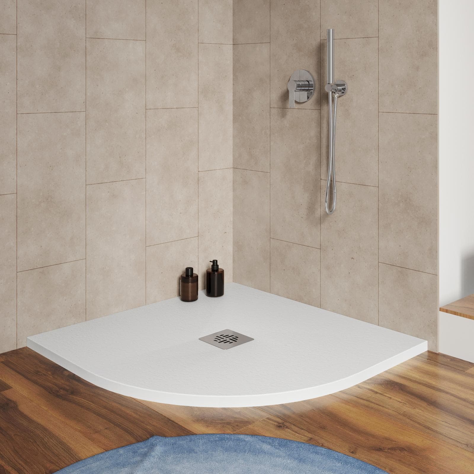 Piatto doccia semicircolare 80 X 80 cm effetto pietra riducibile bianco - Nalos