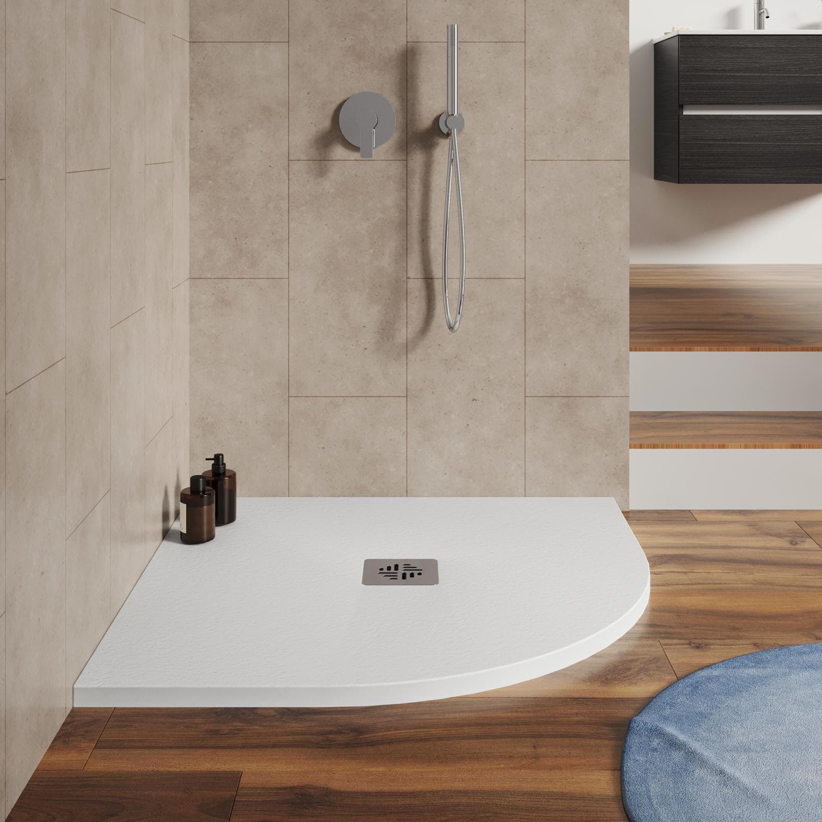 Piatto doccia semicircolare 80 X 80 cm effetto pietra riducibile bianco - Nalos