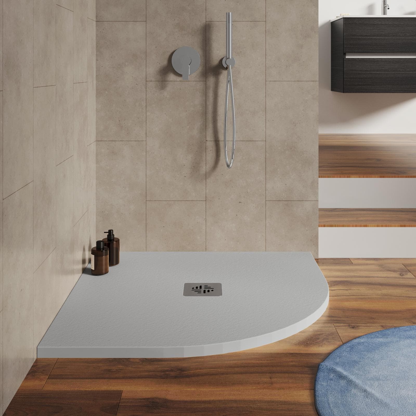 Piatto doccia semicircolare 80 X 80 cm effetto pietra riducibile grigio - Nalos