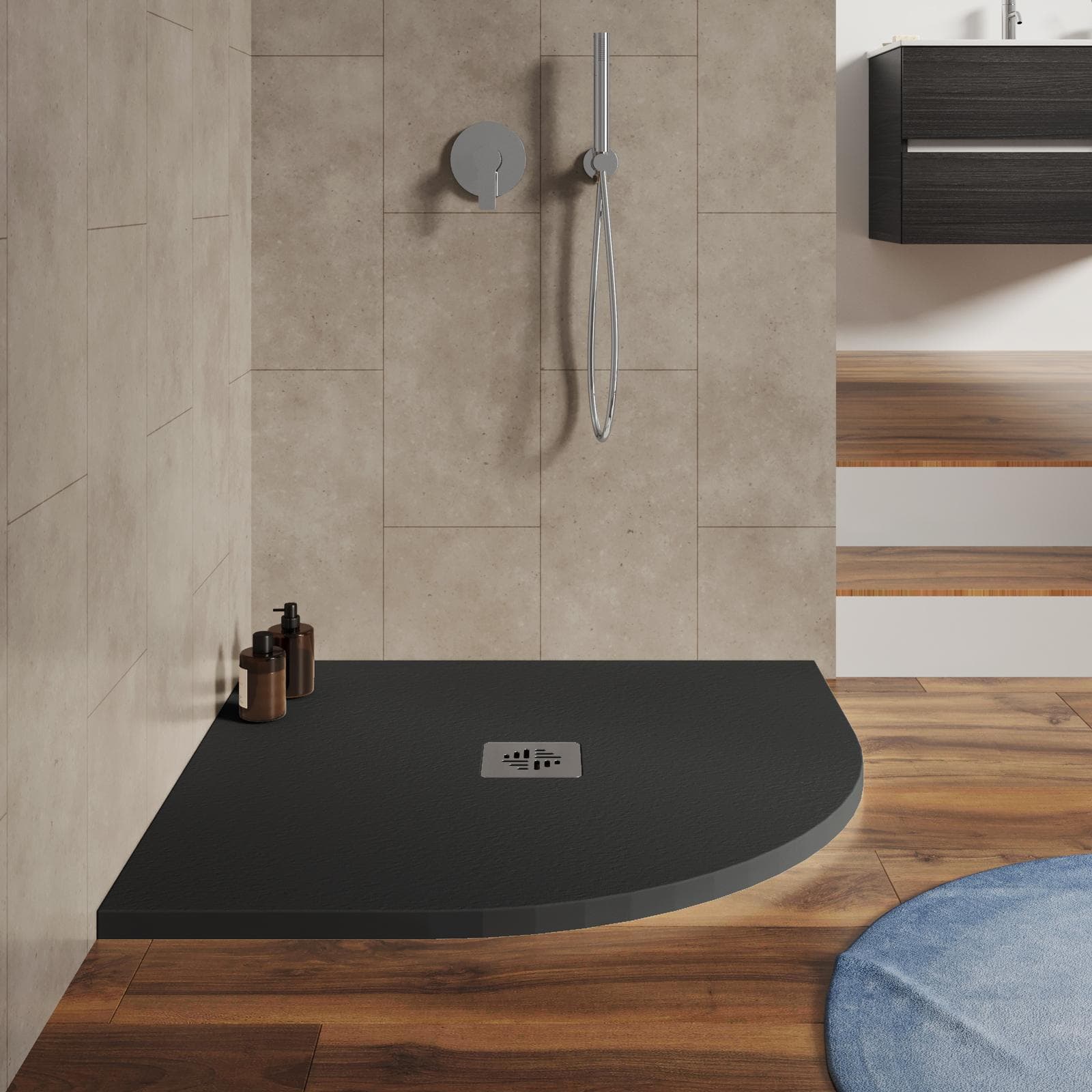 Piatto doccia semicircolare 80 X 80 cm effetto pietra riducibile nero - Nalos