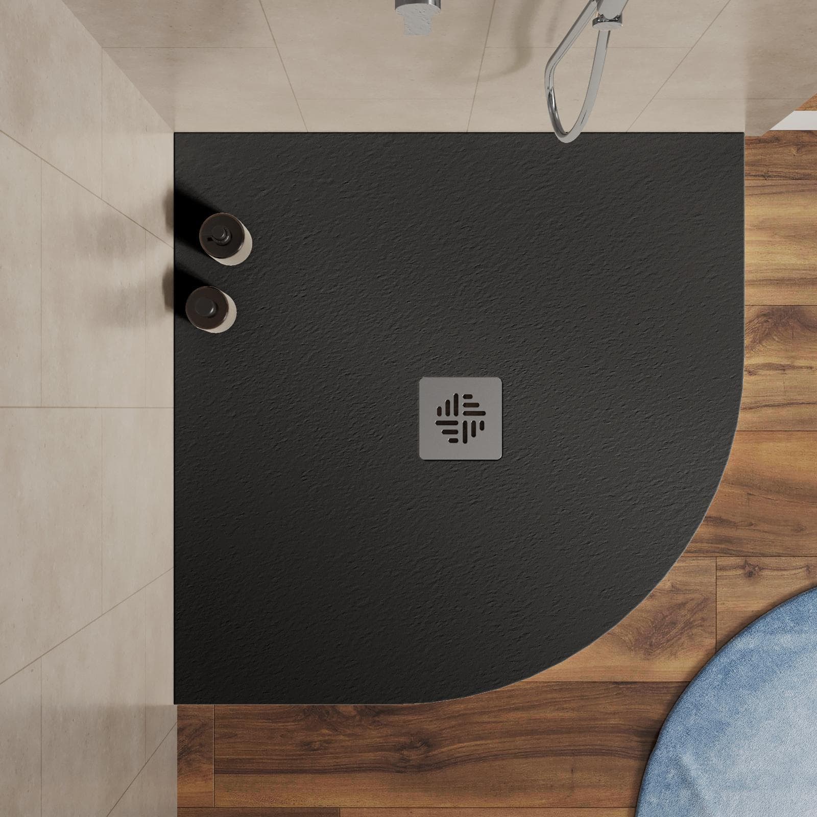 Piatto doccia semicircolare 90 X 90 cm effetto pietra riducibile nero - Nalos