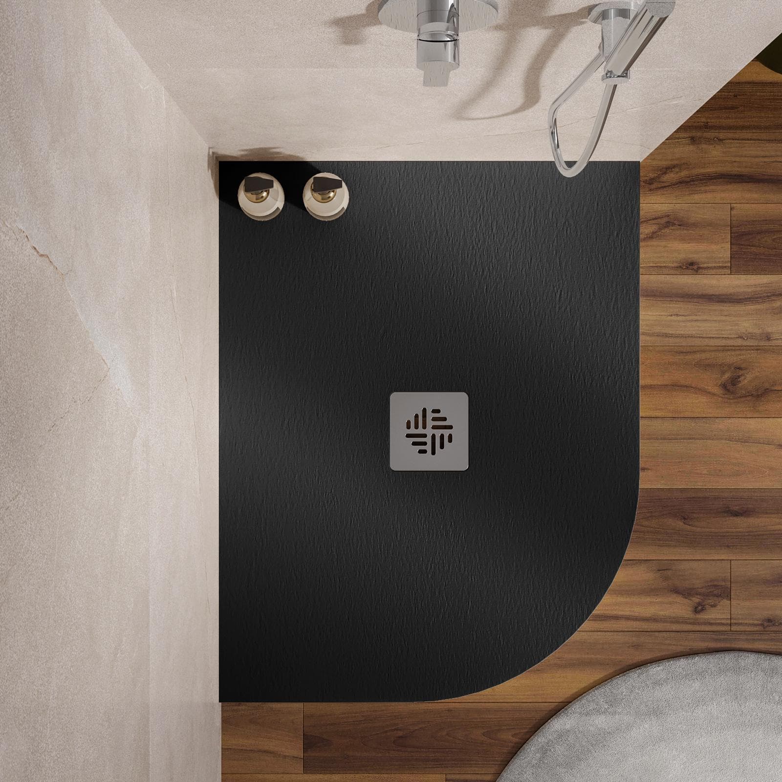 Piatto doccia semicircolare dx 70 X 90 cm effetto pietra riducibile nero - Nalos