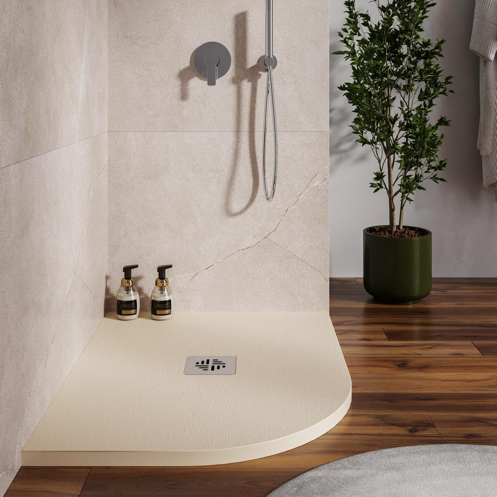 Piatto doccia semicircolare dx 70 X 90 cm effetto pietra riducibile sabbia - Nalos