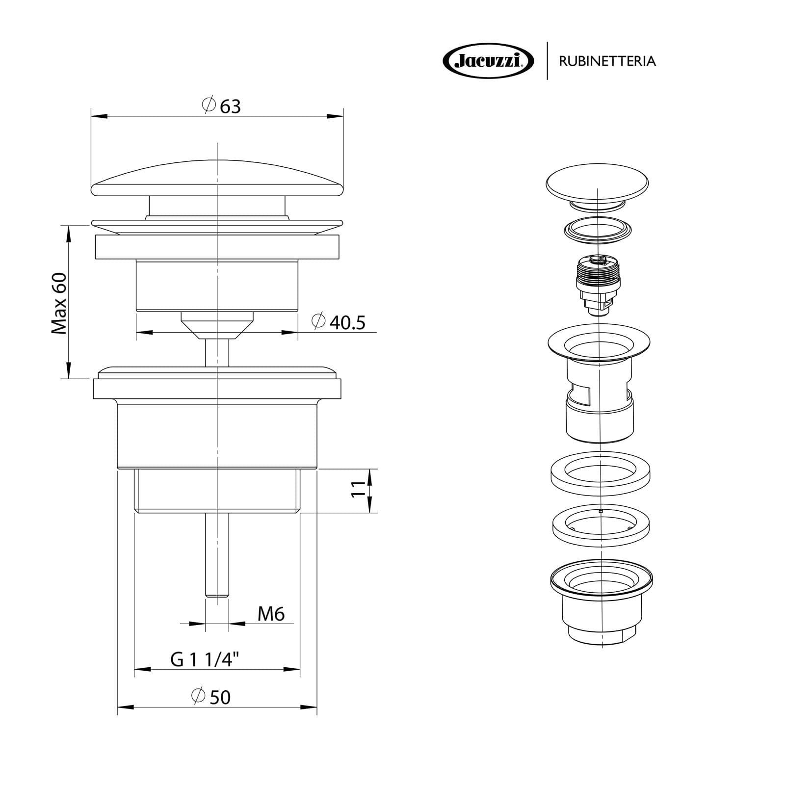 Piletta di scarico Jacuzzi universale per lavabo o bidet con o senza troppopieno attacco standard