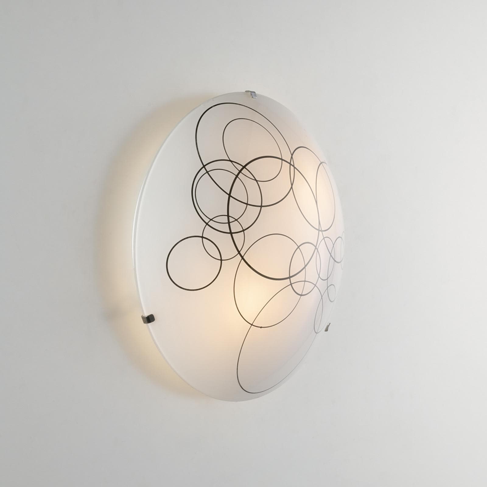 Plafoniera 30 cm in vetro bianco lucido con decoro cerchi neri