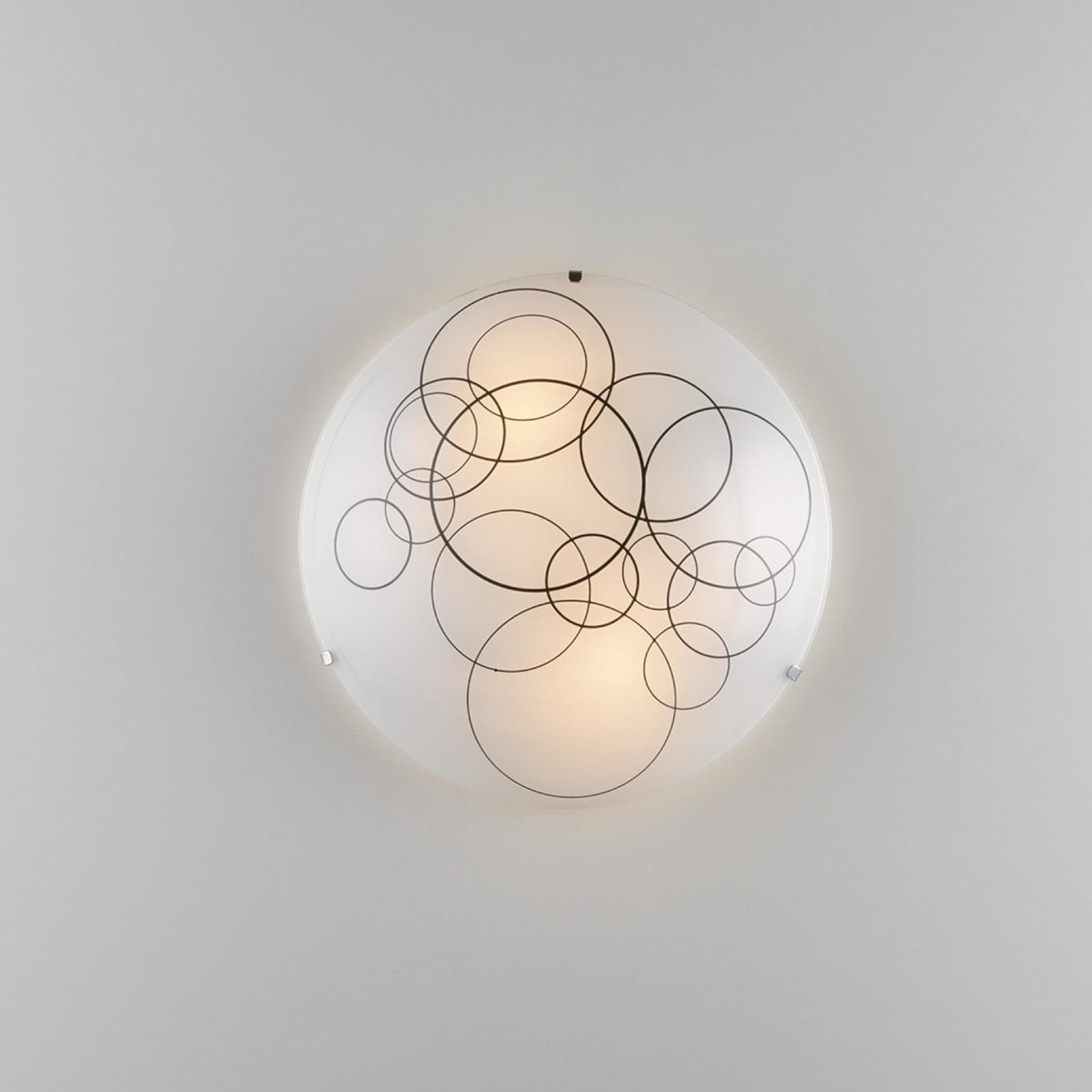 Plafoniera 40 cm in vetro bianco lucido con decoro cerchi neri
