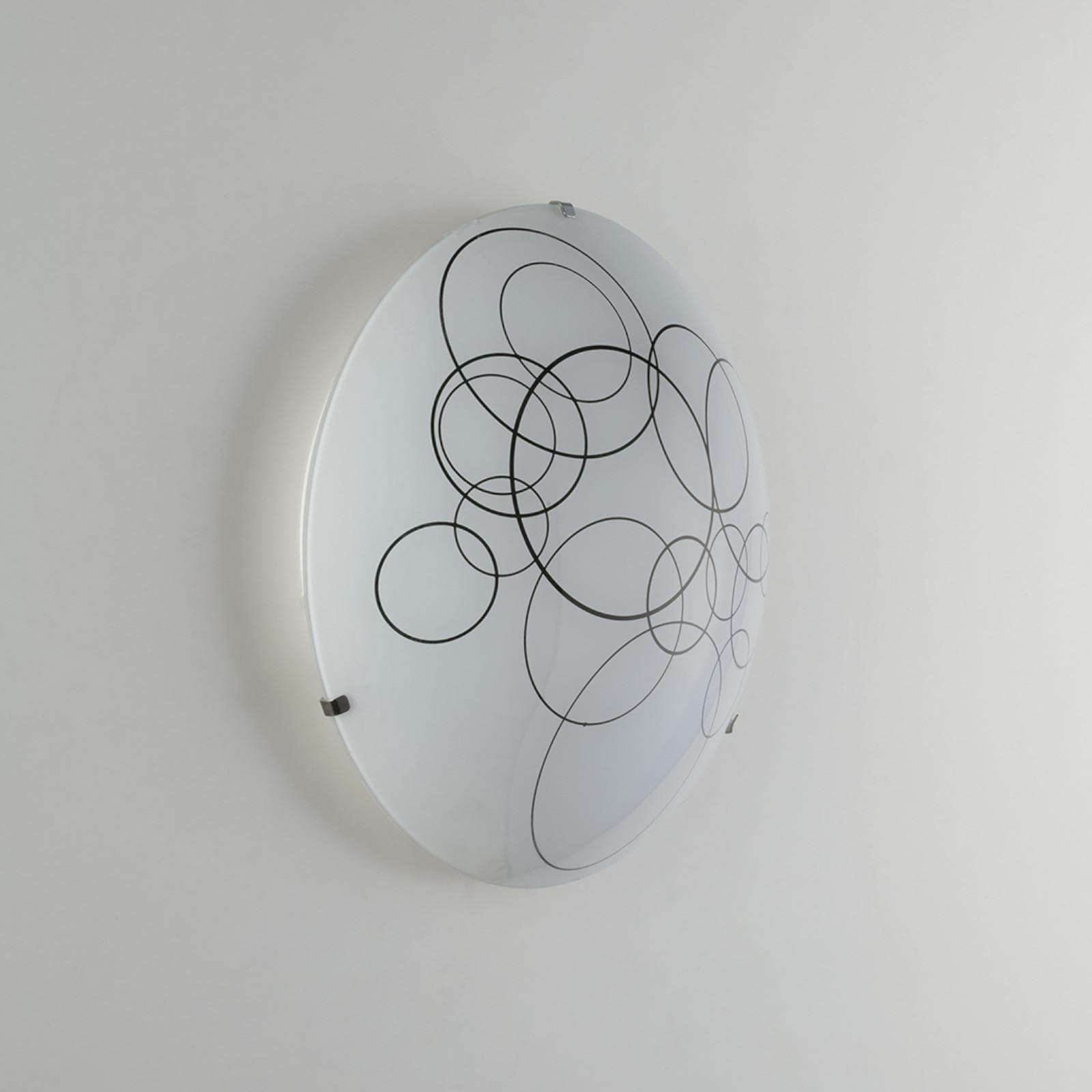 Plafoniera 40 cm in vetro bianco lucido con decoro cerchi neri