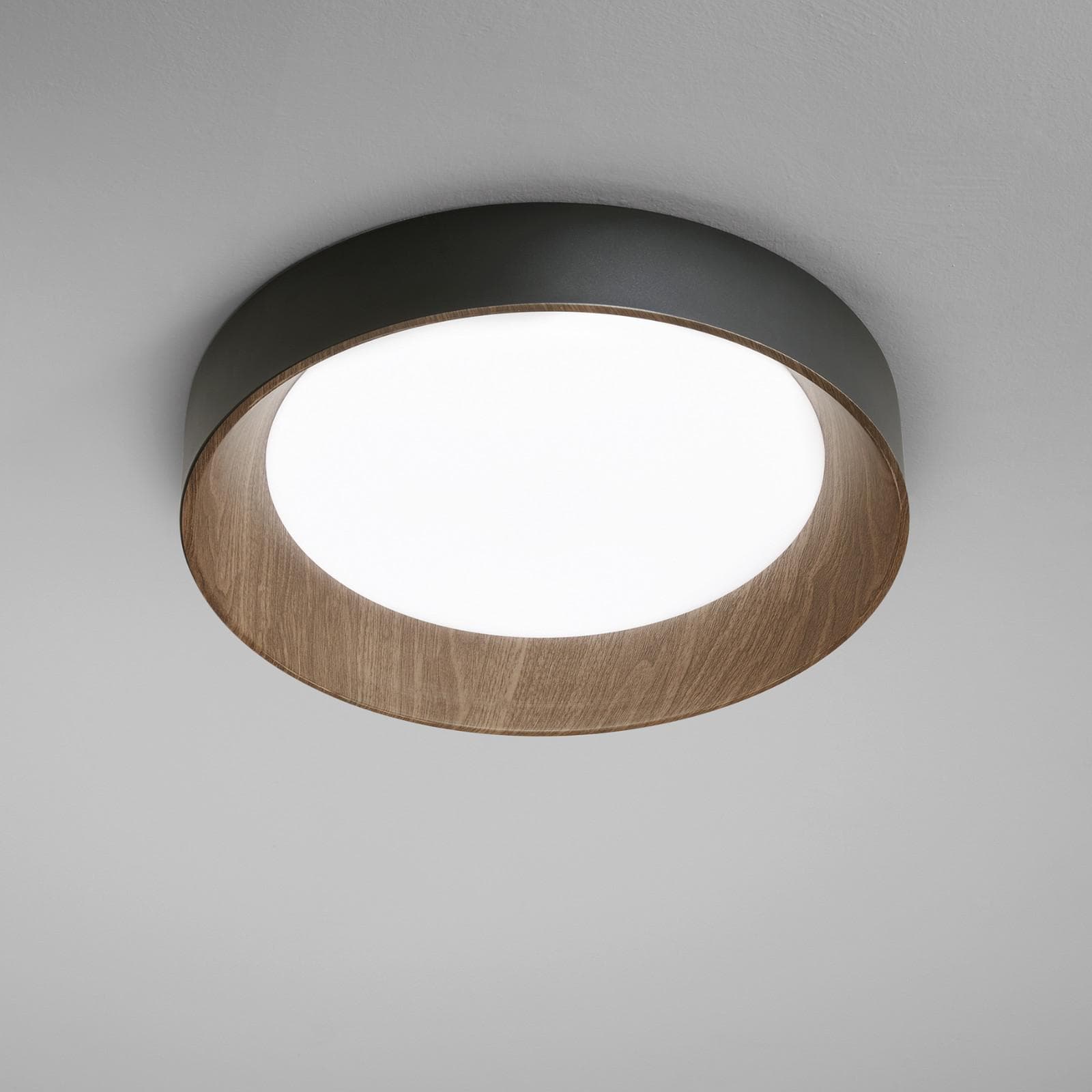 Plafoniera LED rotonda 40 cm in metallo nero e dettagli effetto legno