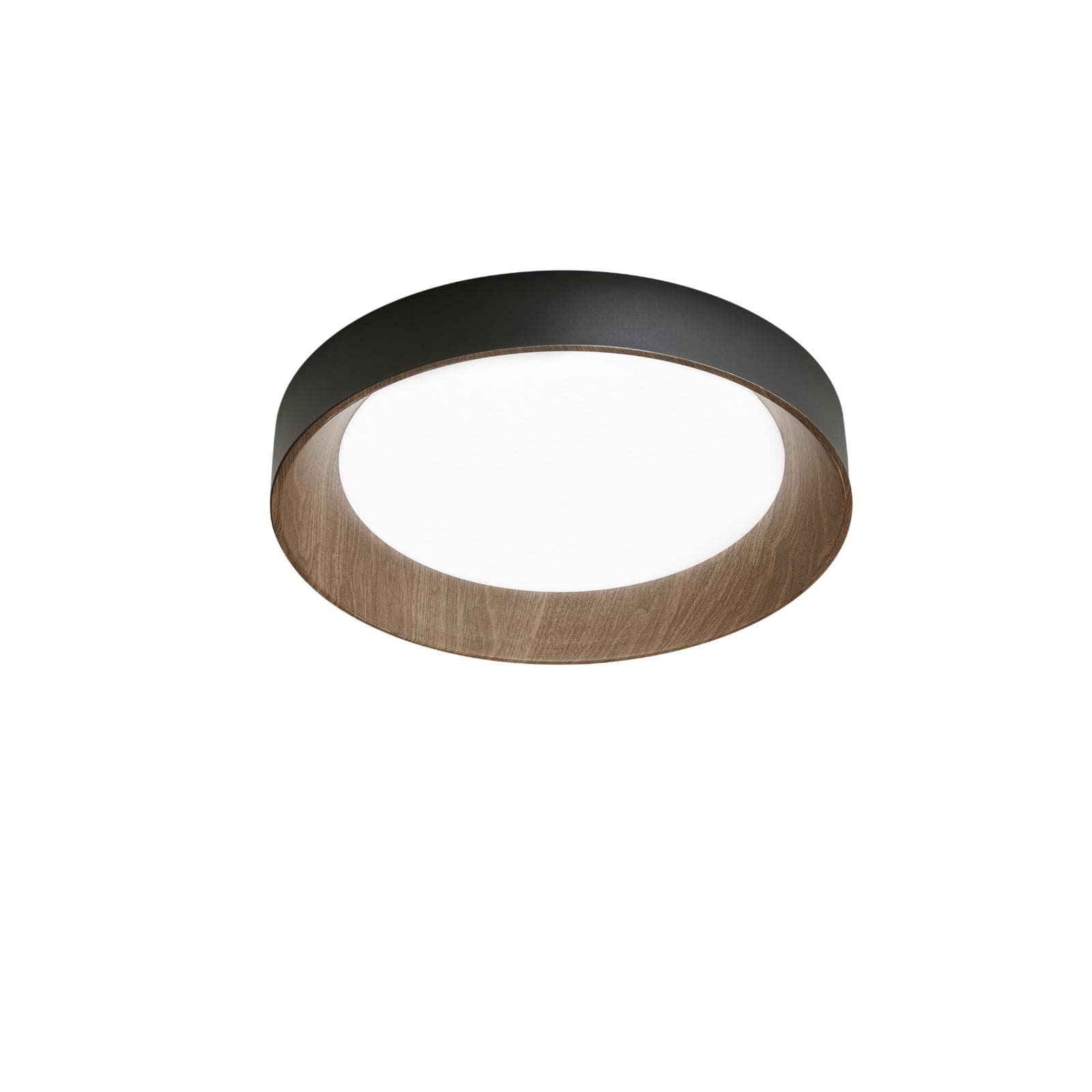 Plafoniera LED rotonda 40 cm in metallo nero e dettagli effetto legno
