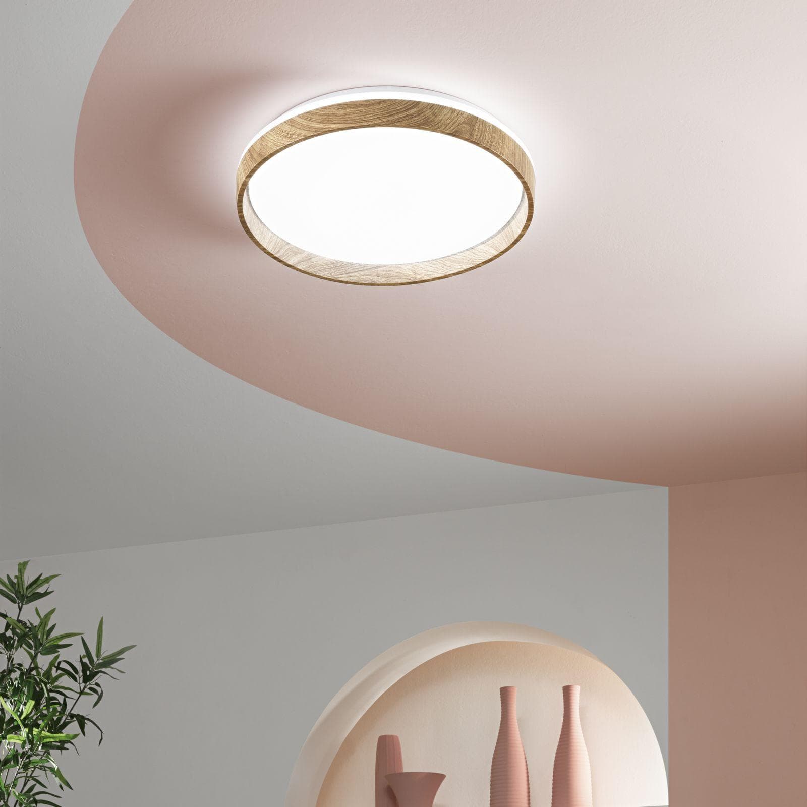 Plafoniera LED rotonda 48 cm in metallo effetto legno e acrilico bianco