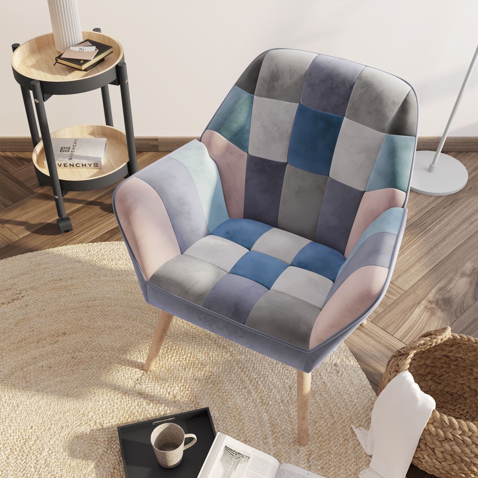 Poltrona scandinava in velluto patchwork multicolor blu - Copenaghen
