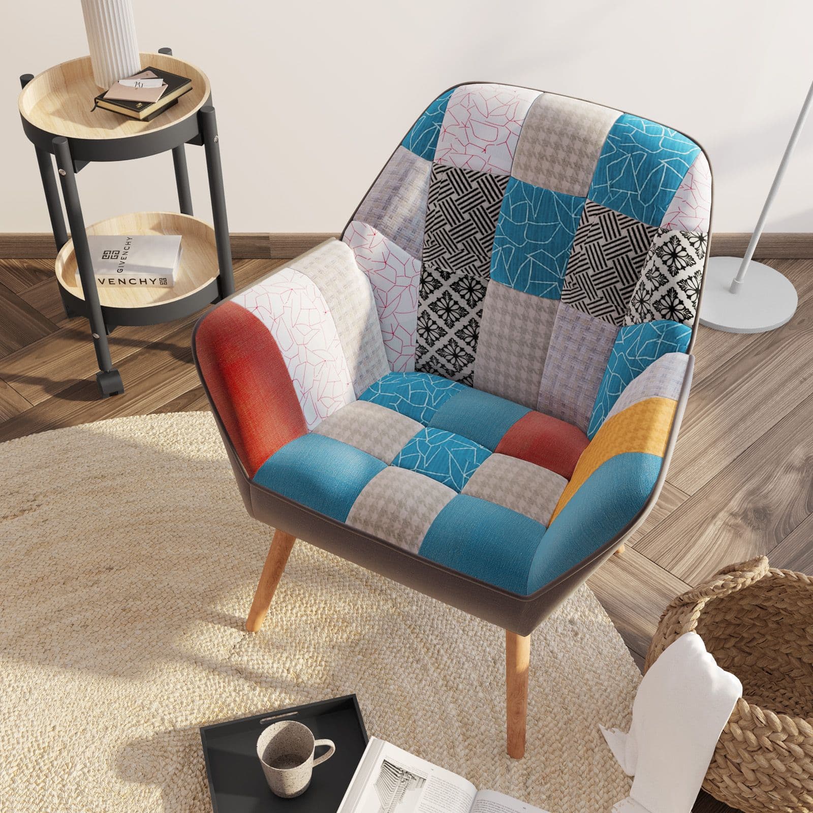 Poltrona scandinava in tessuto patchwork multicolor rosso e blu - Copenaghen