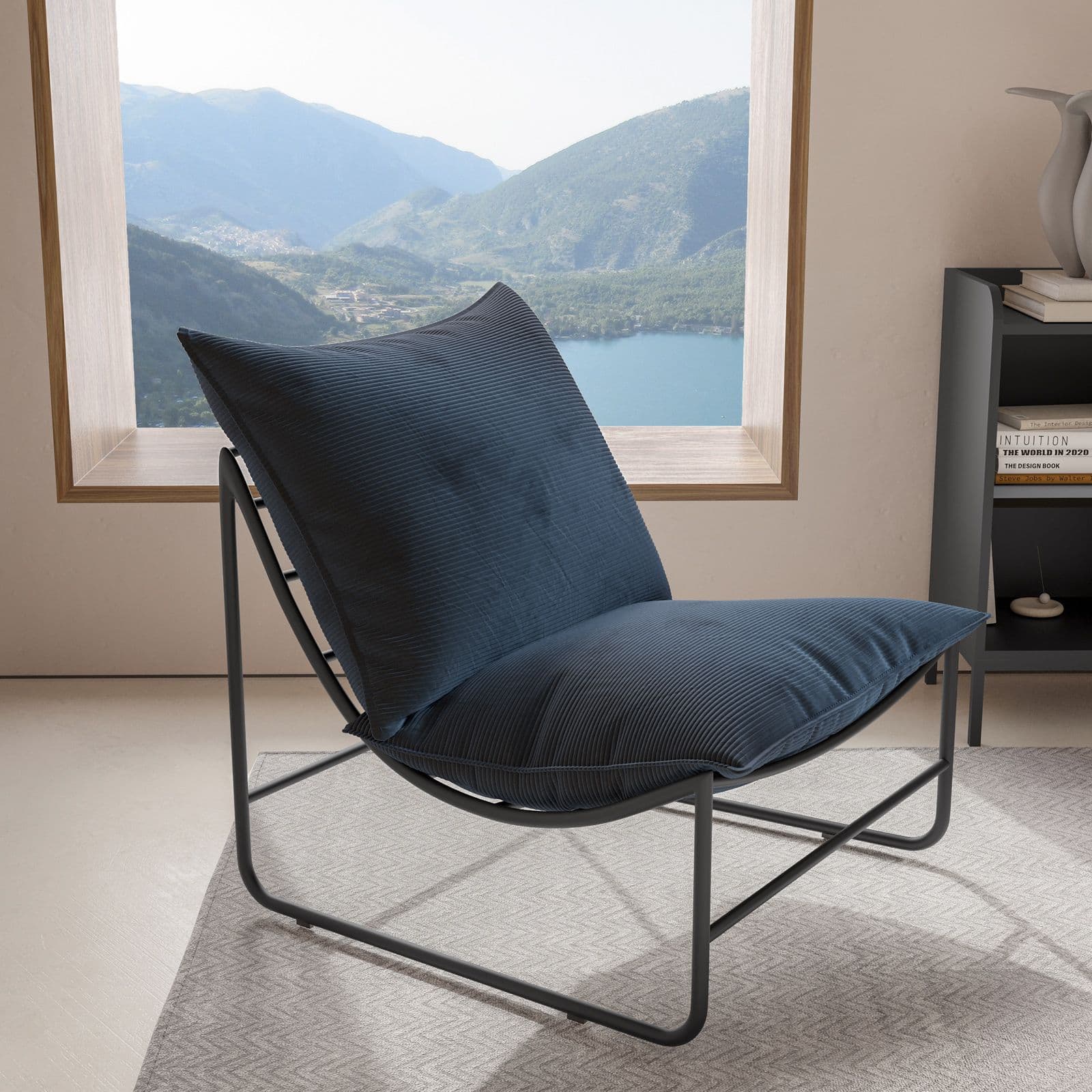 Poltrona con doppio cuscino in velluto a coste blu e struttura in metallo nero - Lorelei