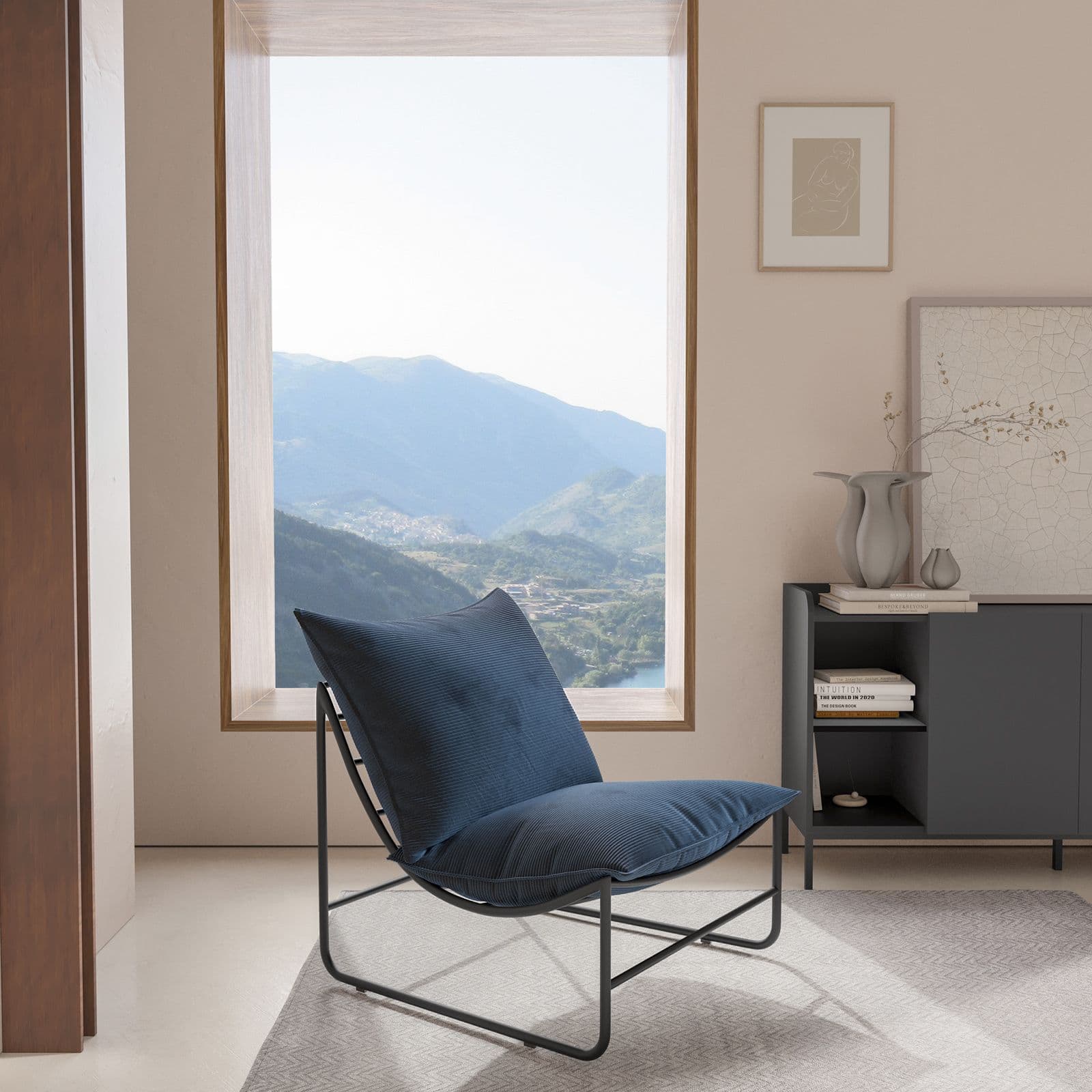 Poltrona con doppio cuscino in velluto a coste blu e struttura in metallo nero - Lorelei