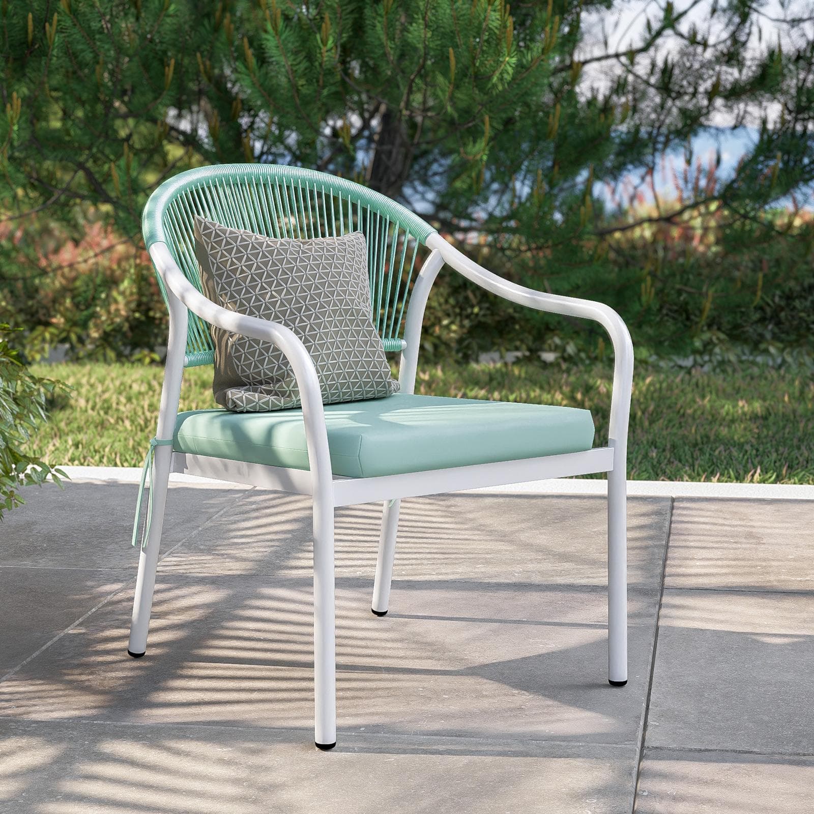 Poltrona da esterno in acciaio bianco con schienale in corda e cuscino verde tiffany - Eivissa