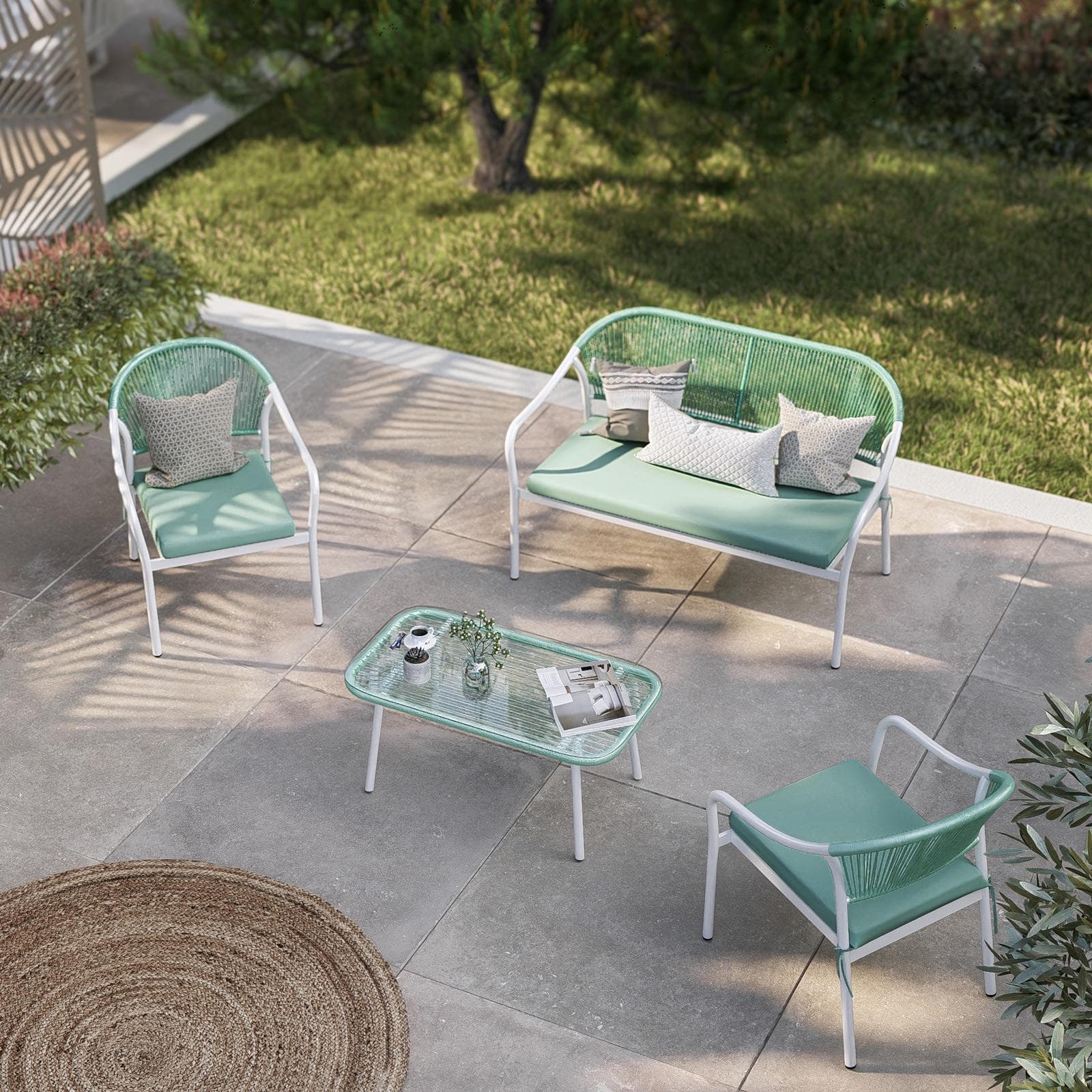Poltrona da esterno in acciaio bianco con schienale in corda e cuscino verde tiffany - Eivissa