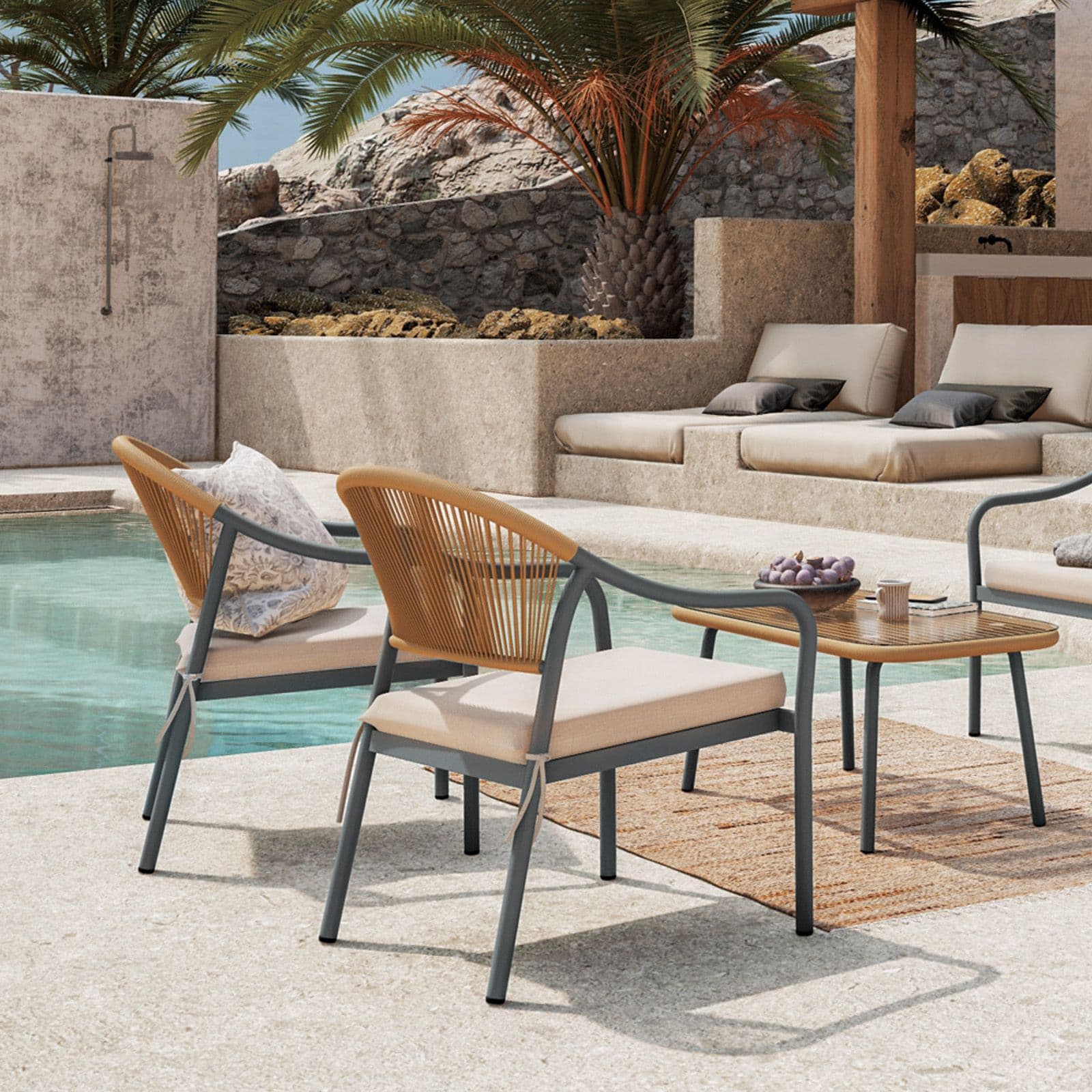 Poltrona da giardino 60x78h cm in acciaio antracite con cuscino beige - Evans