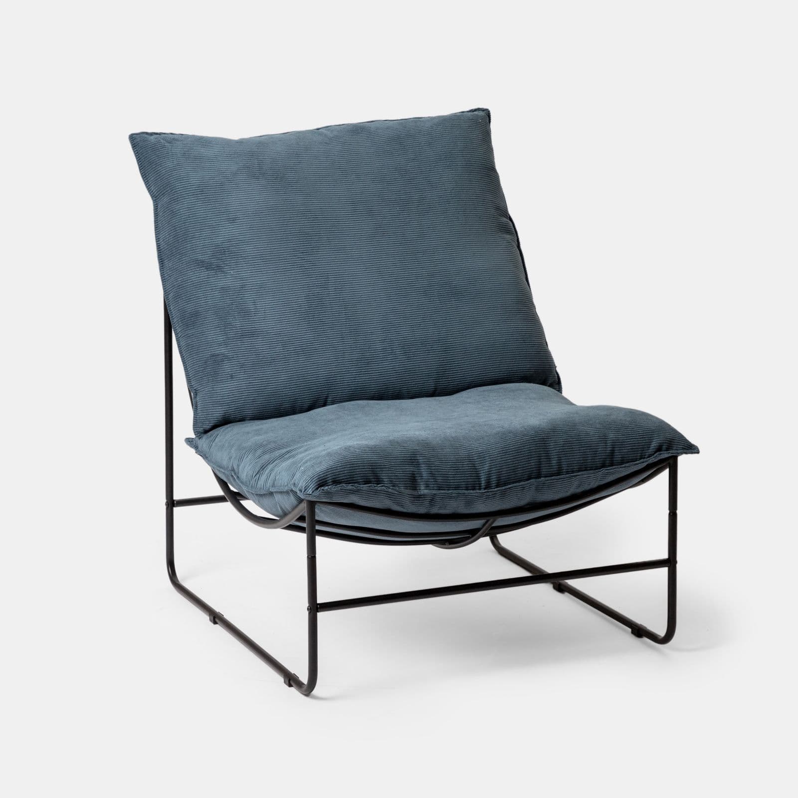 Poltrona da giardino con doppio cuscino in velluto a coste blu e struttura in metallo nero - Lorelei