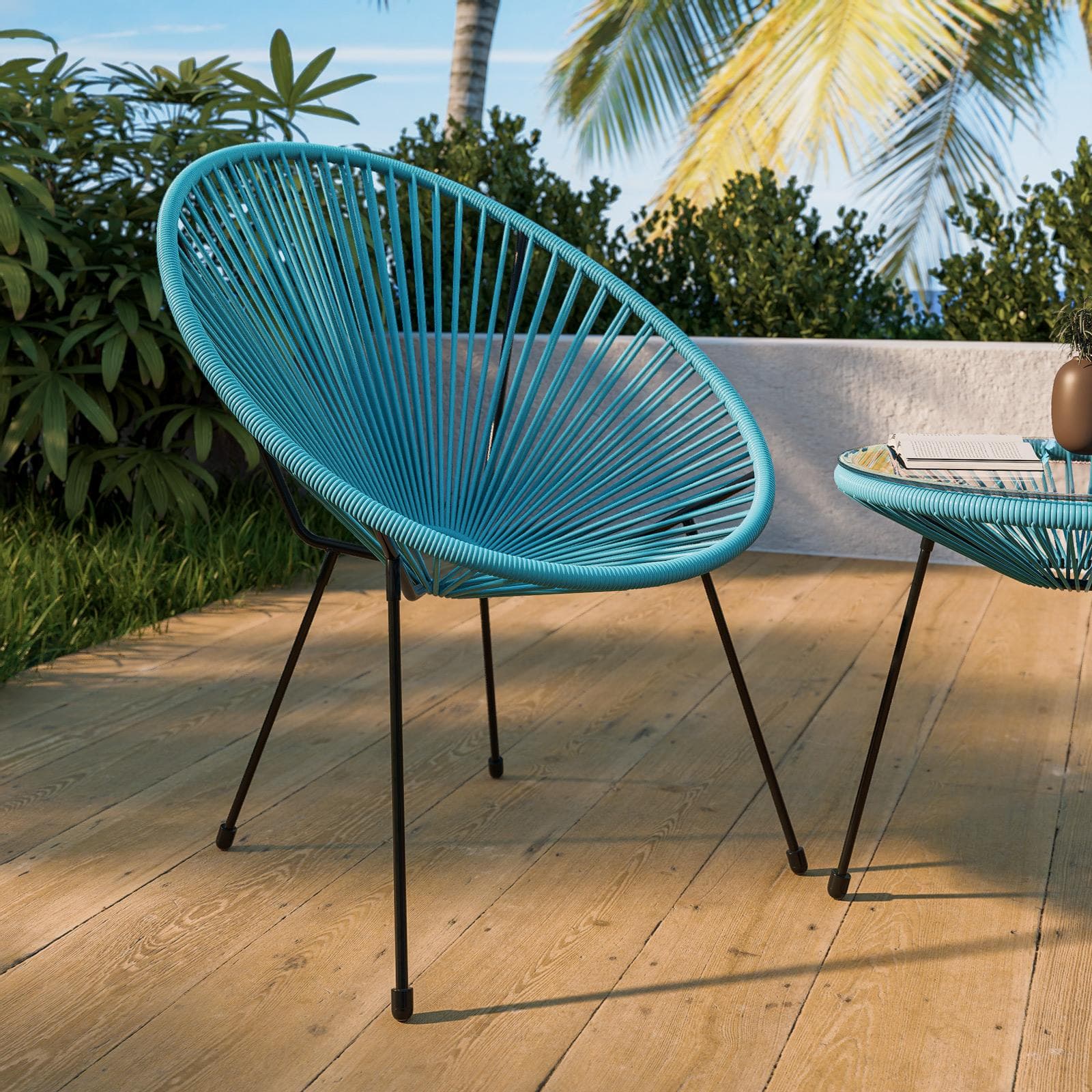 Poltrona da giardino in metallo nero rivestita in corda azzurro - Kalimba