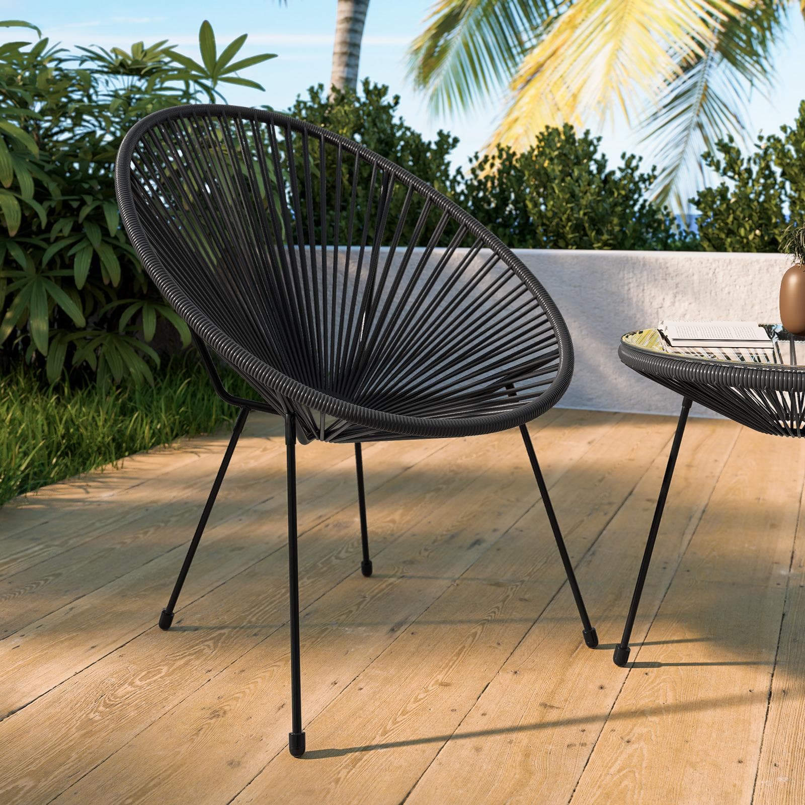 Poltrona da giardino in metallo nero rivestita in corda nera - Kalimba