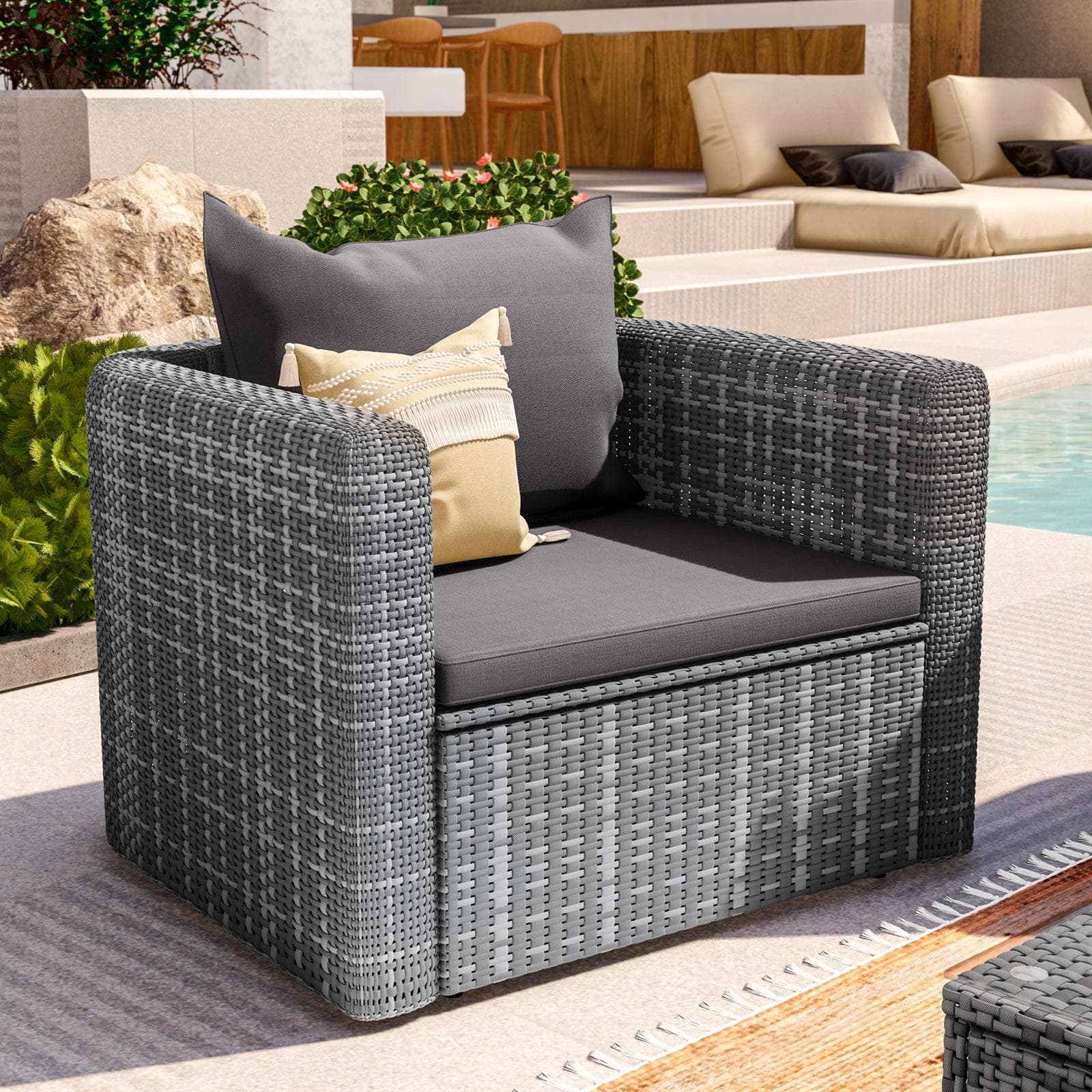 Poltrona da giardino in polyrattan grigio con cuscini - Horizon