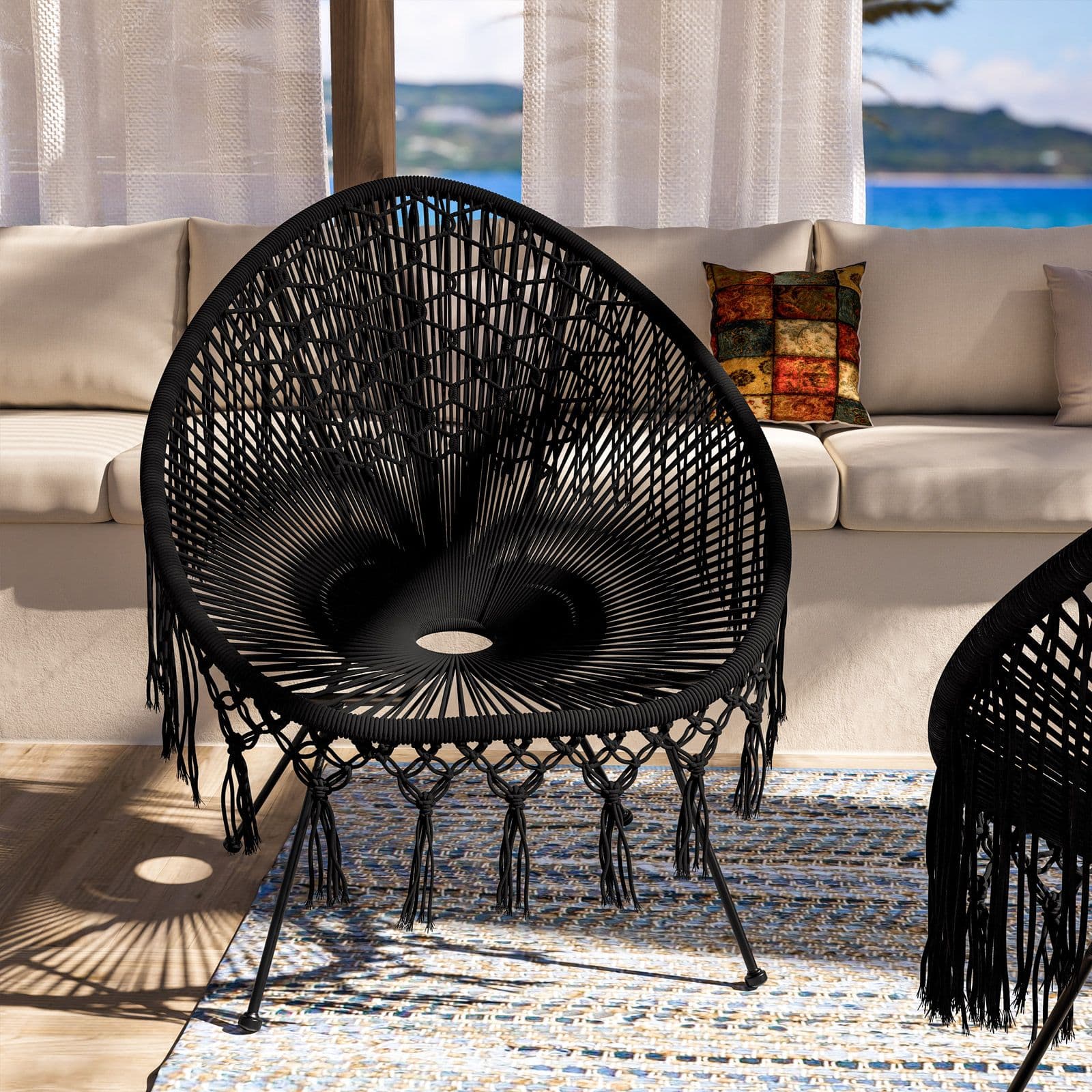 Poltrona da giardino macramè in cotone naturale nero - Dasya