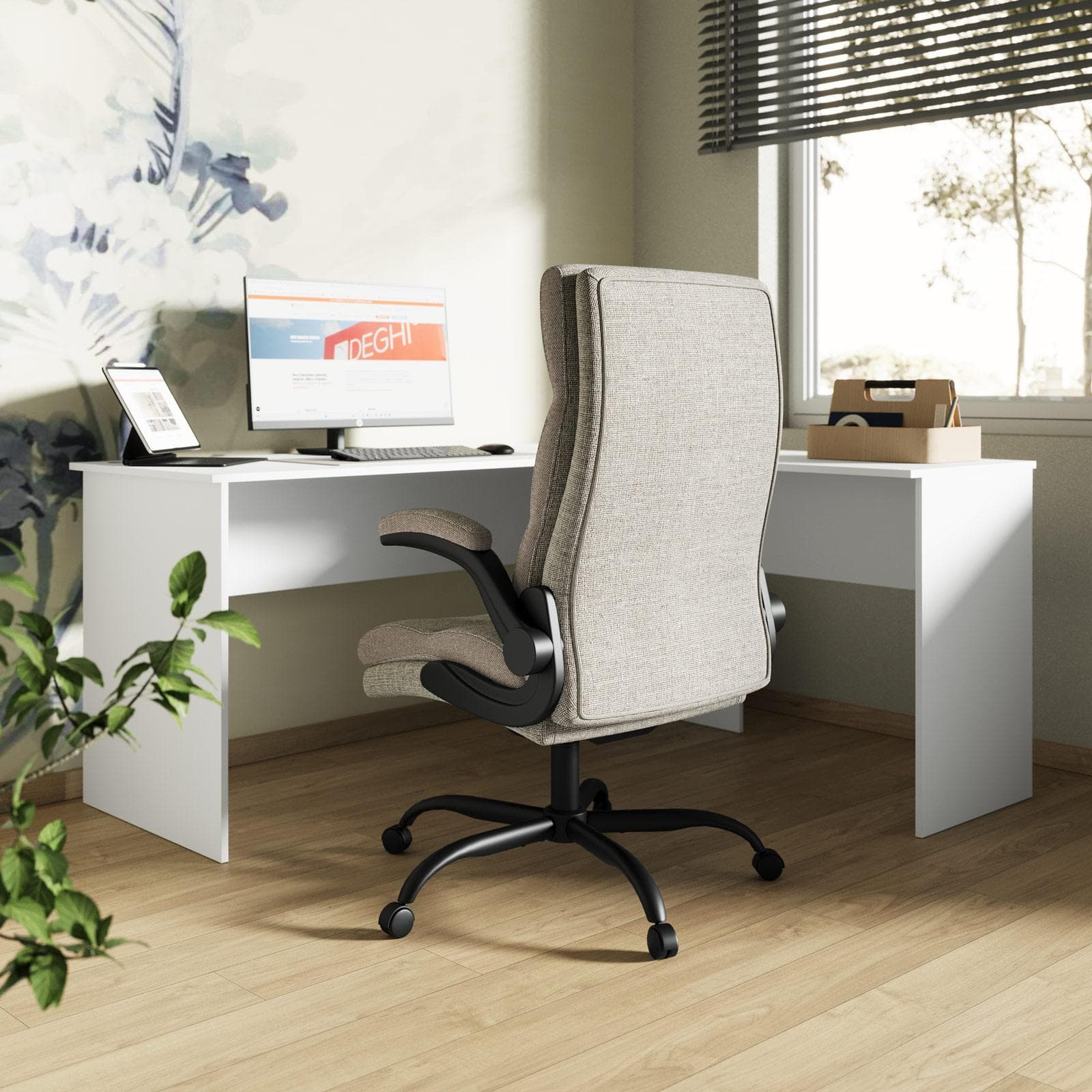 Poltrona da ufficio girevole in tessuto a trama beige e bianco con struttura nera - Liriel