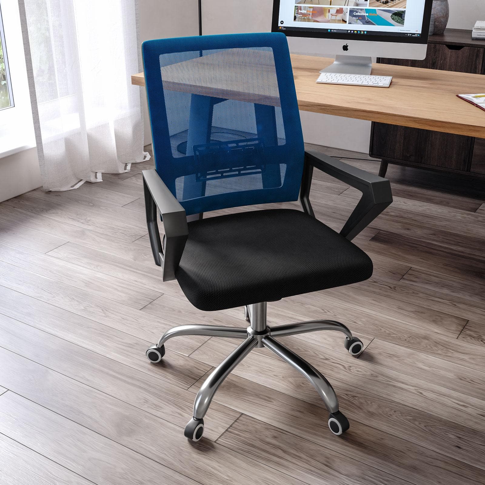 Poltrona da ufficio girevole in tessuto mesh nero e schienale blu con struttura cromo - Crest