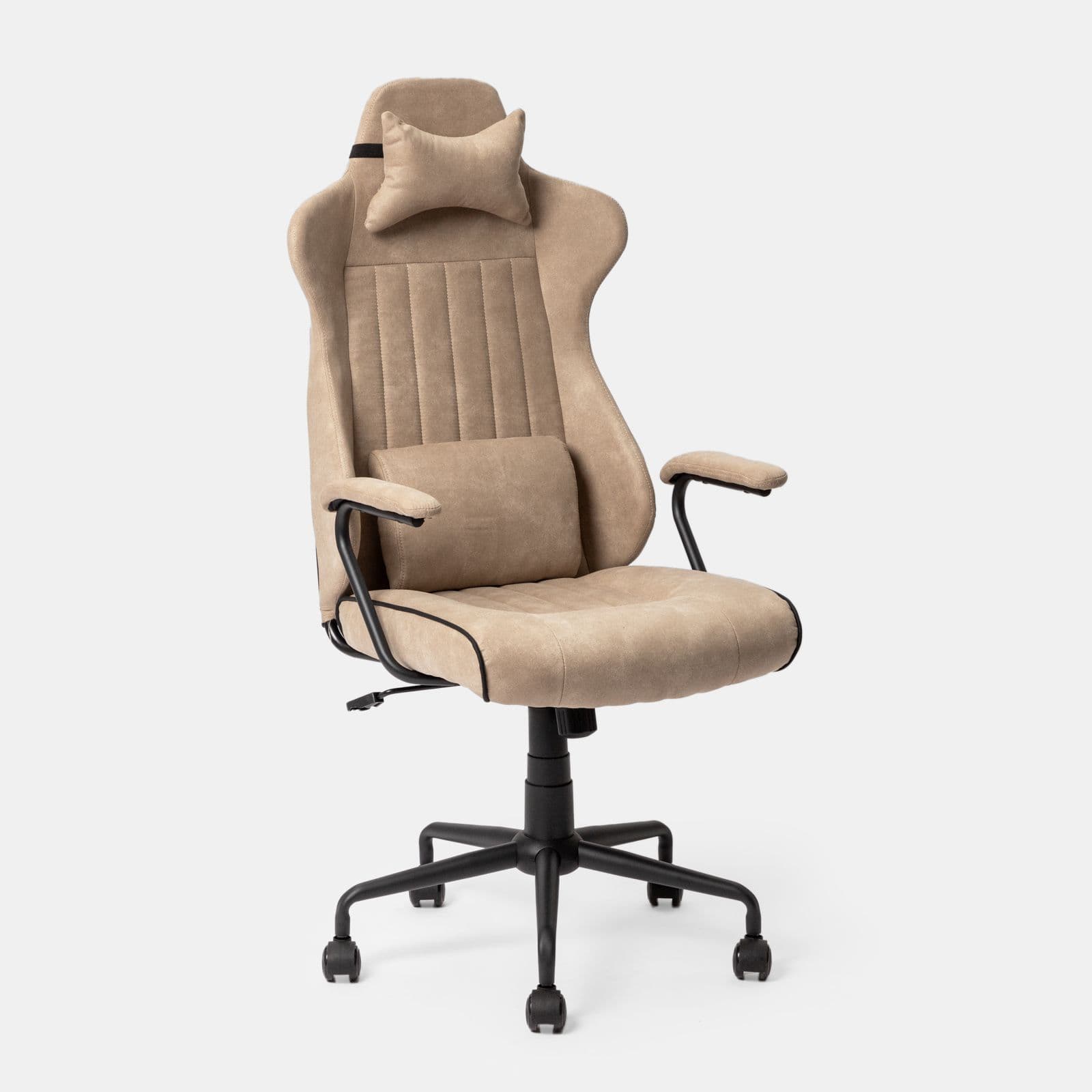 Poltrona da ufficio girevole in tessuto scamosciato beige con cuscino e poggiatesta removibili - Monday