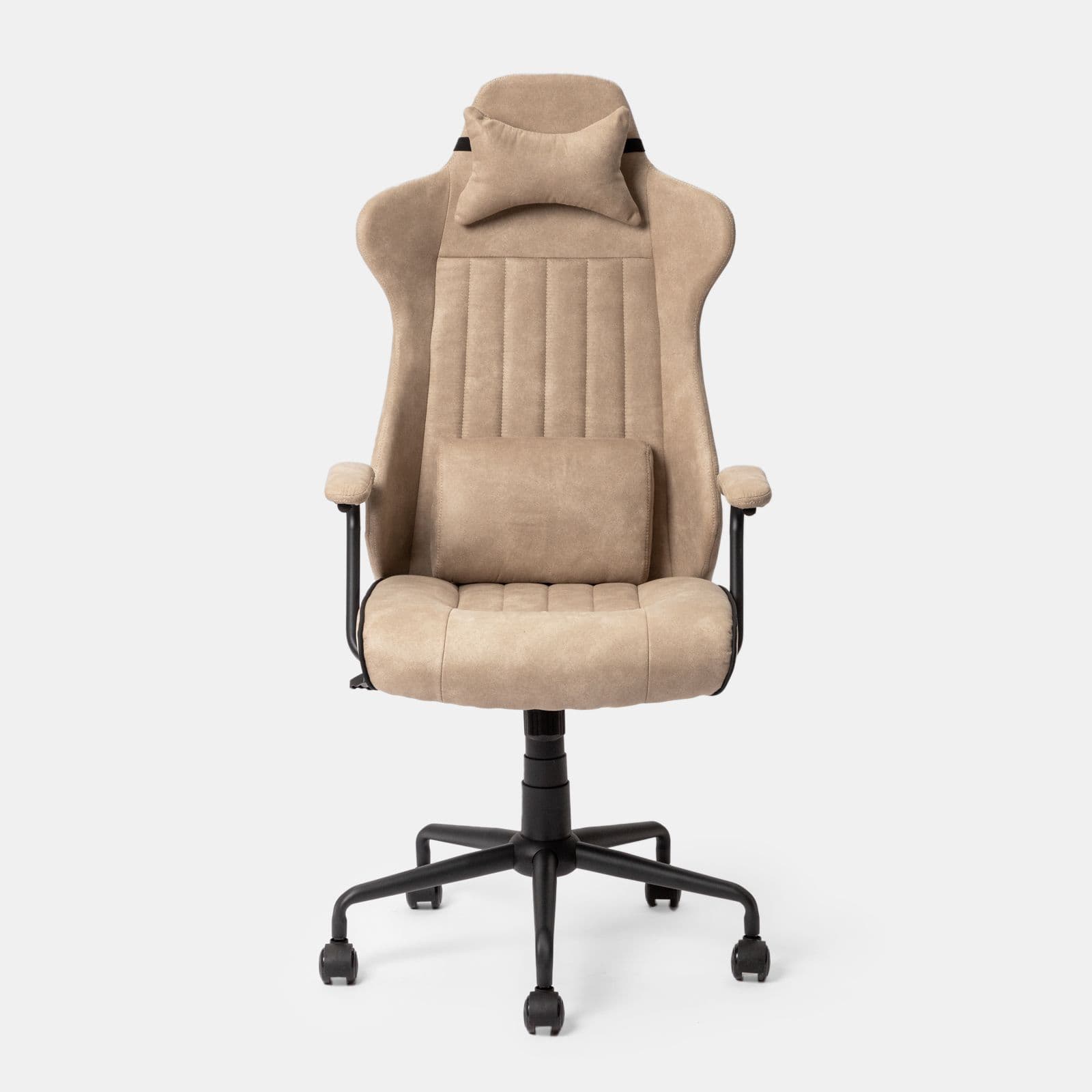 Poltrona da ufficio girevole in tessuto scamosciato beige con cuscino e poggiatesta removibili - Monday