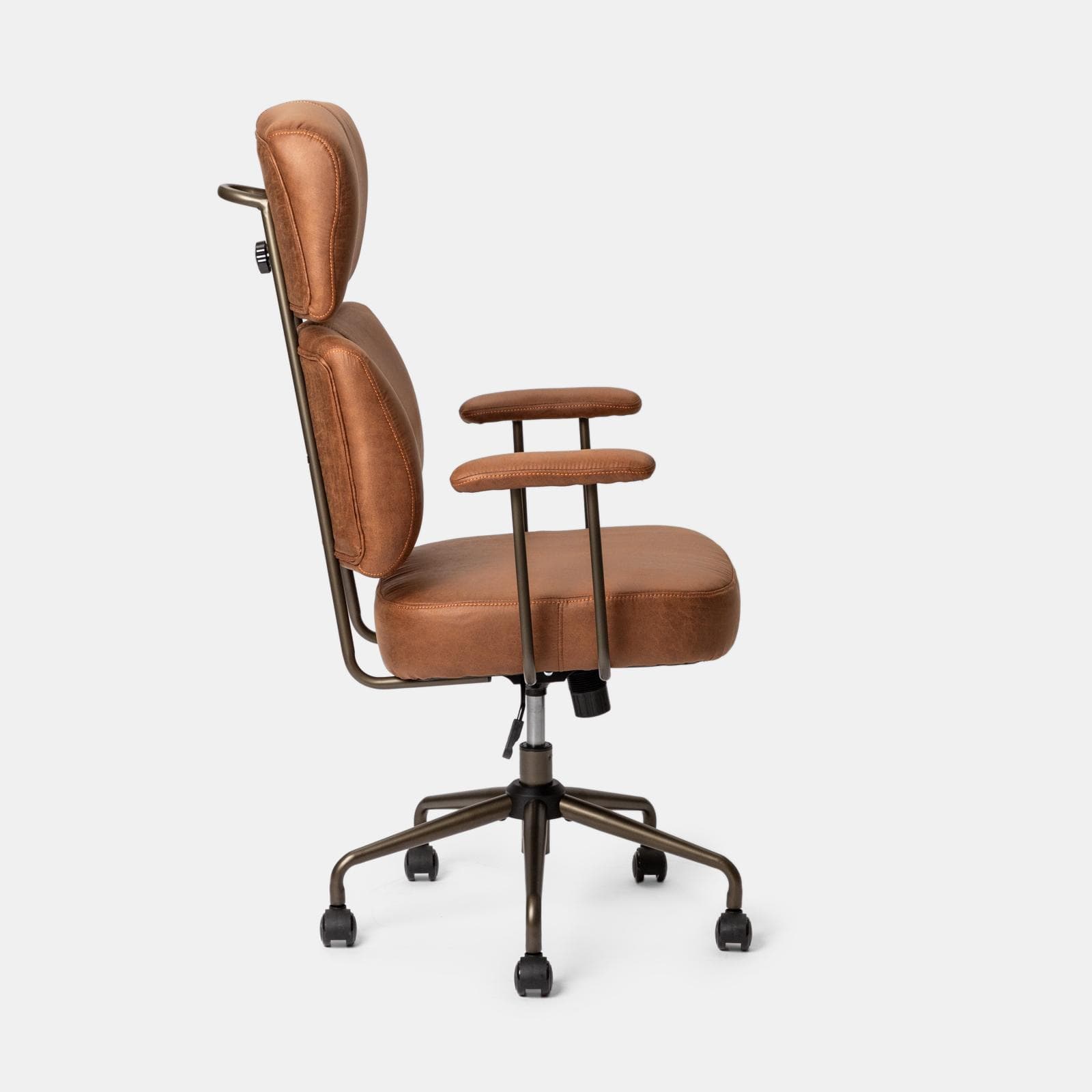 Poltrona da ufficio girevole in tessuto scamosciato cognac con struttura bronzo e poggiatesta regolabile - Istoria