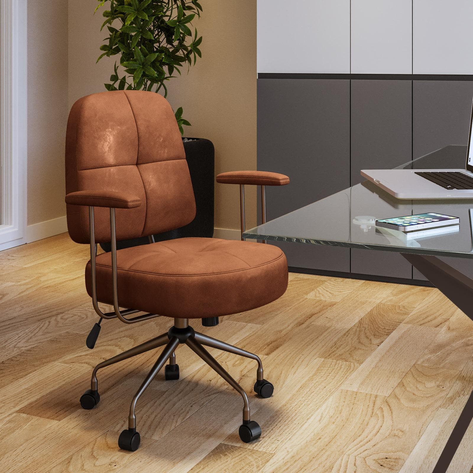 Poltrona girevole da ufficio in tessuto scamosciato cognac con base in bronzo satinato - Sirva